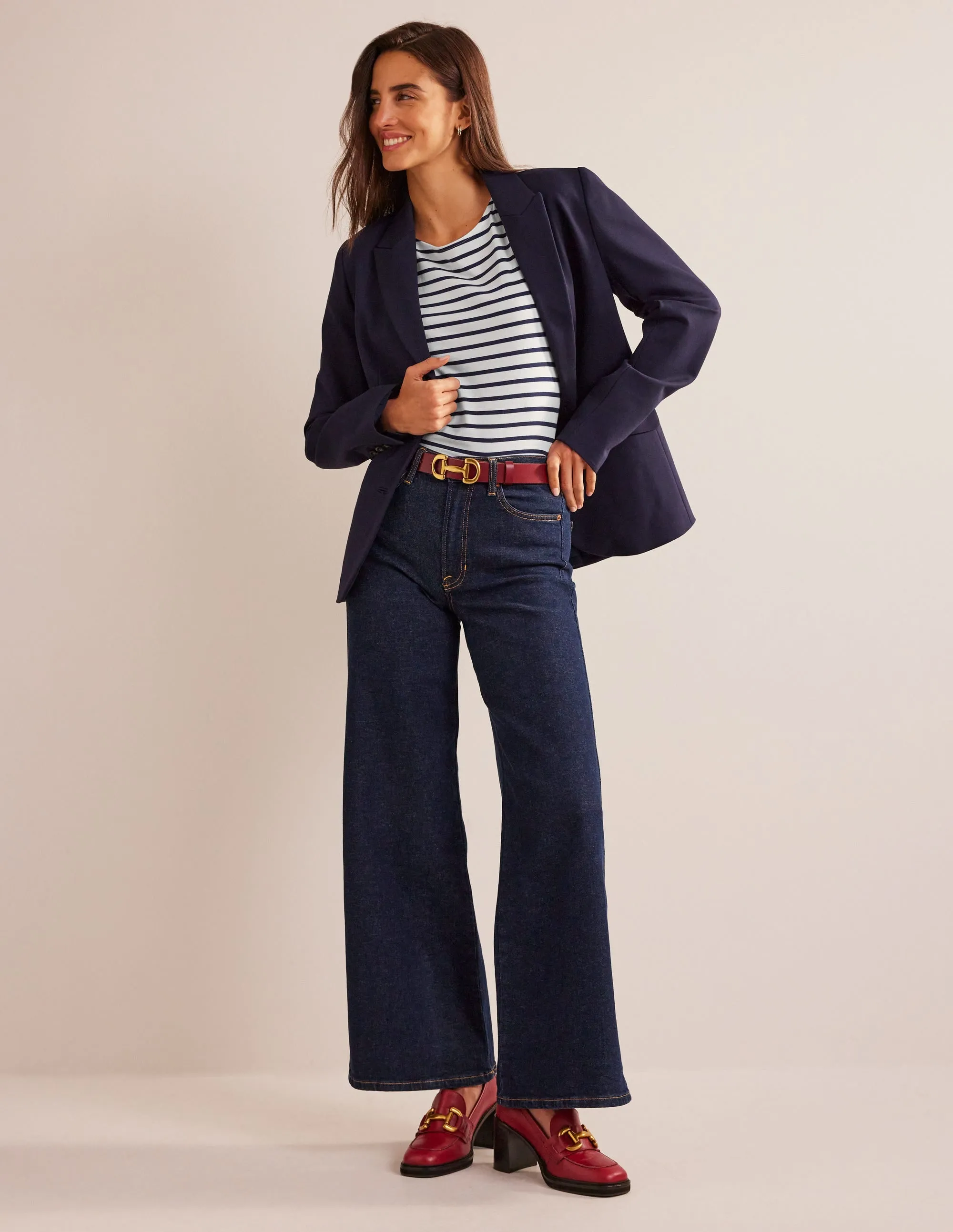 Ella Short Sleeve Breton-Ivory, Navy Textured Weave