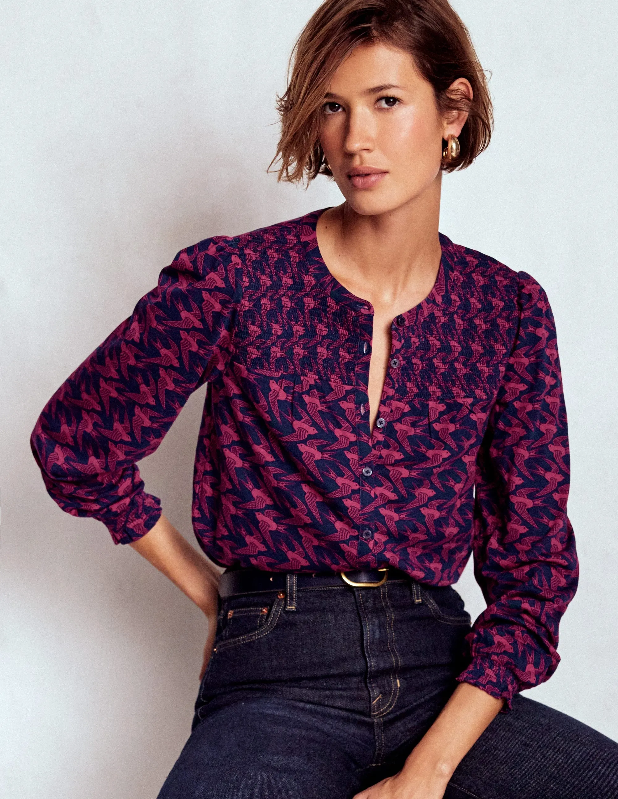 Elsa Smocked Yoke Jersey Shirt-French Navy, Swooping Swallow Relaxed Hoodie