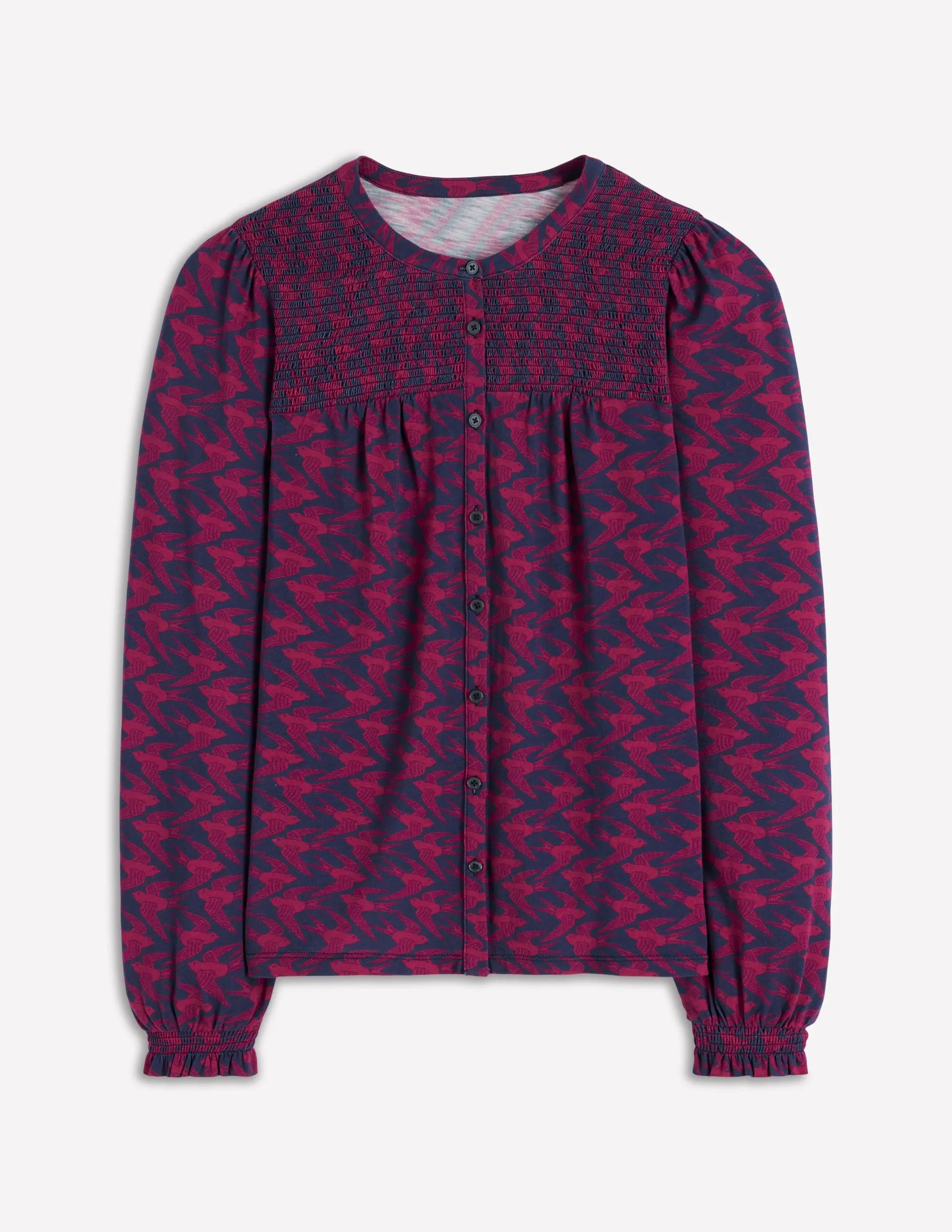 Elsa Smocked Yoke Jersey Shirt-French Navy, Swooping Swallow FadeResistant Dye DurableBlend