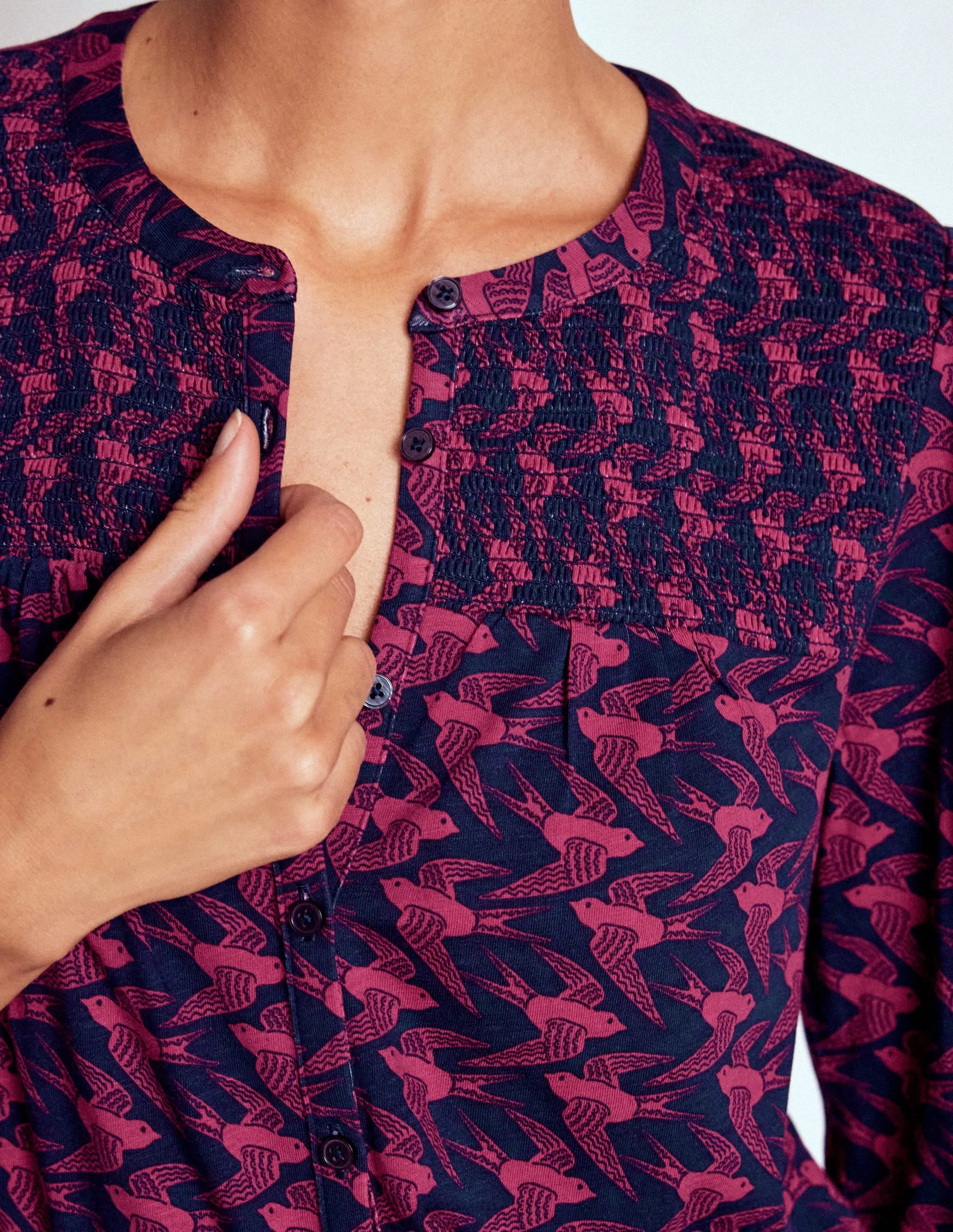 DurableZipper Elsa Smocked Yoke Jersey Shirt-French Navy, Swooping Swallow