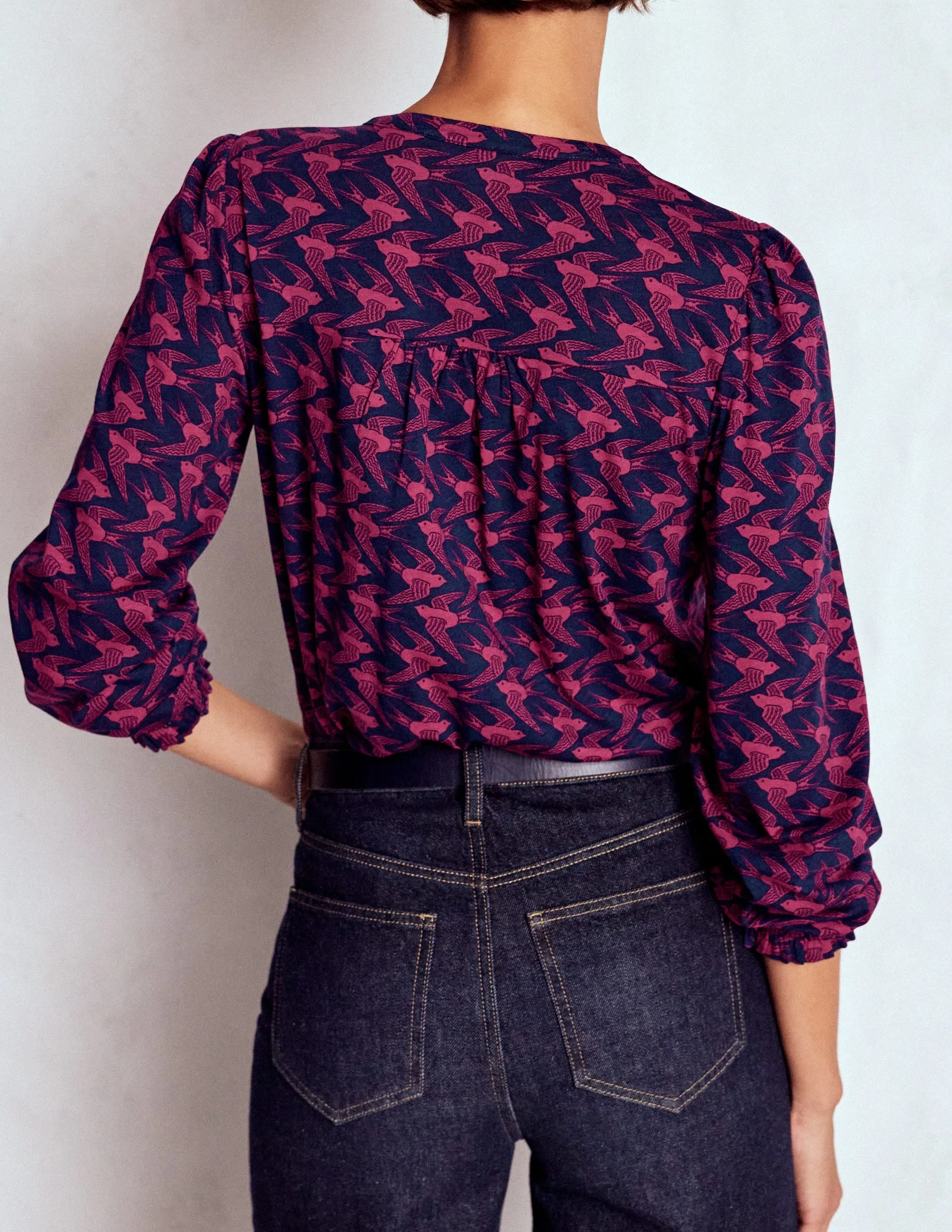 Elsa Smocked Yoke Jersey Shirt-French Navy, Swooping Swallow wrinkle free finish Ultra Soft Texture