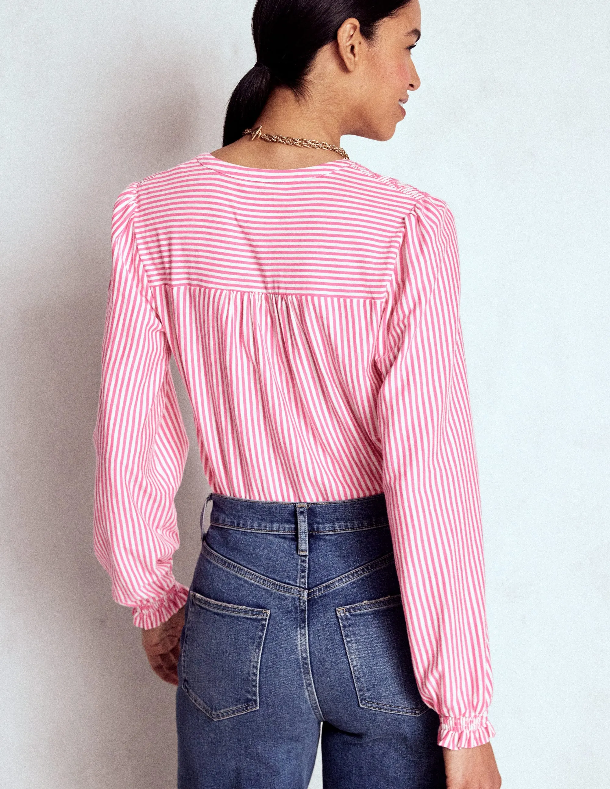 Wear Resistant Edge Elsa Smocked Yoke Jersey Shirt-Pink Ribbon Stripe