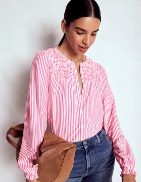 Elsa Smocked Yoke Jersey Shirt-Pink Ribbon Stripe AntiStaticTreatment VNeck Style
