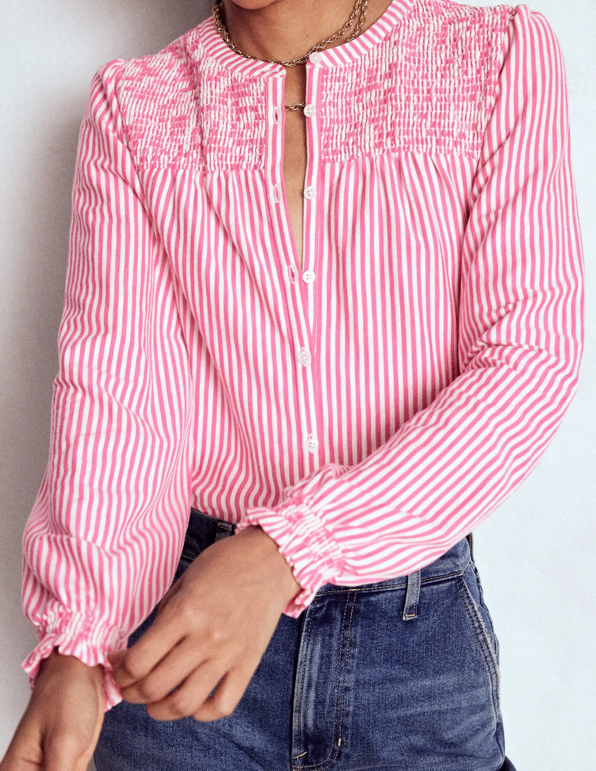 Elsa Smocked Yoke Jersey Shirt-Pink Ribbon Stripe Flexible Ribbing