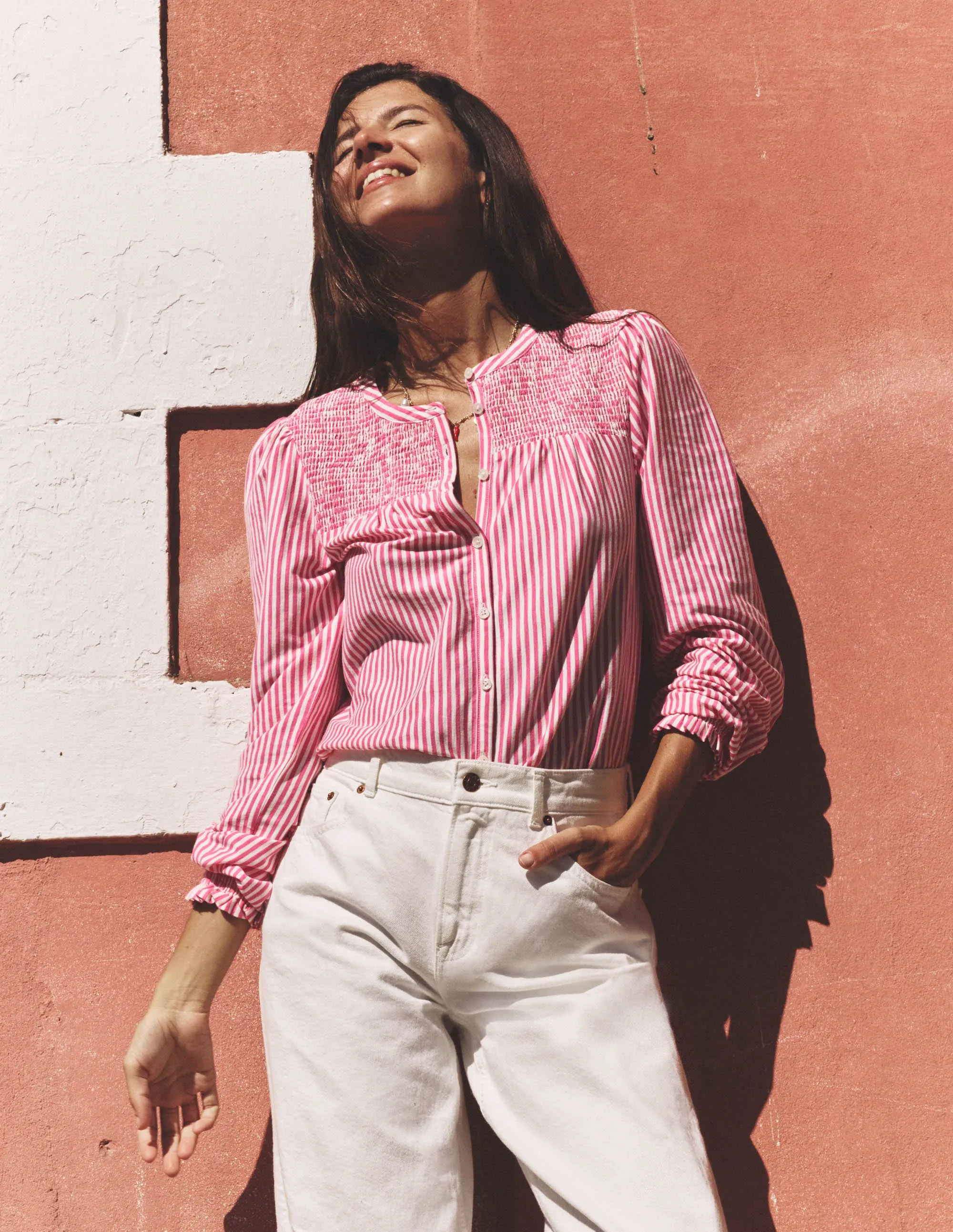 Elsa Smocked Yoke Jersey Shirt-Pink Ribbon Stripe slim fit CompressionTechnology