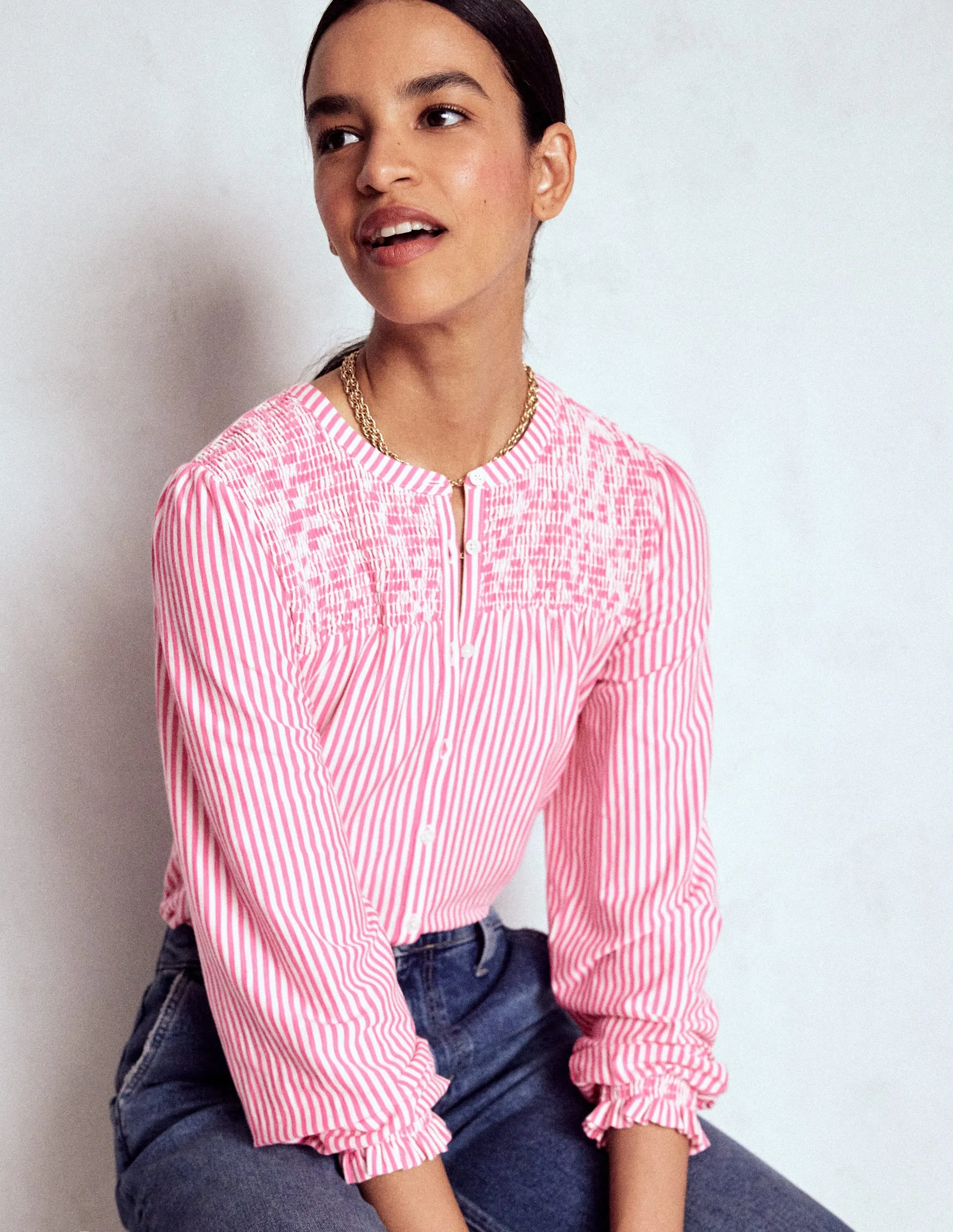 Elsa Smocked Yoke Jersey Shirt-Pink Ribbon Stripe Reinforced Hem Stitching