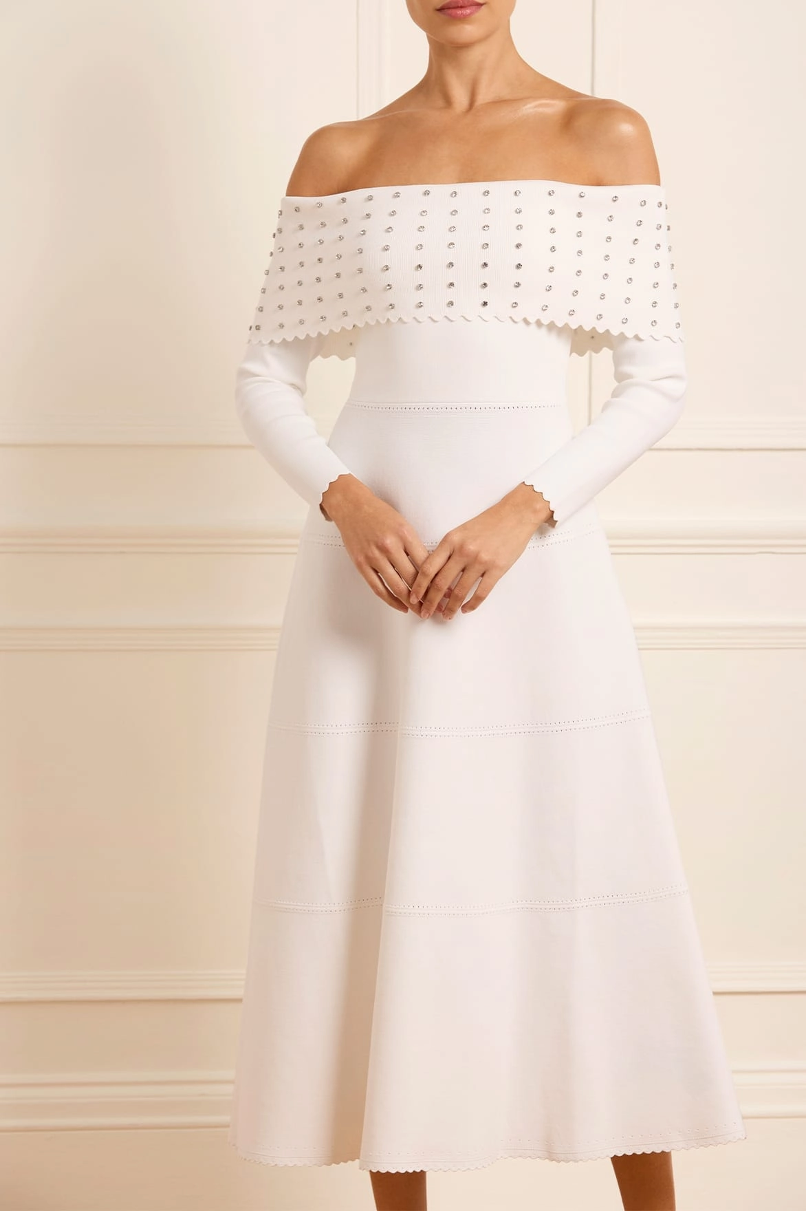 understated look Embellished Bardot Knit Gown