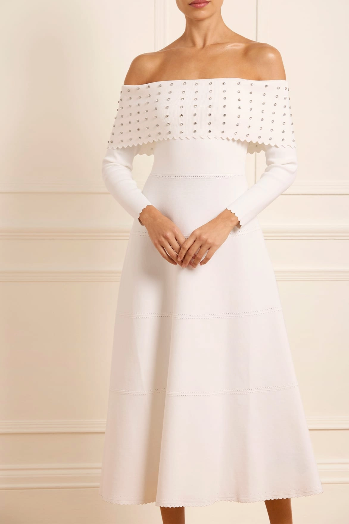 Modern Silhouette Flowing Fit Embellished Bardot Knit Gown