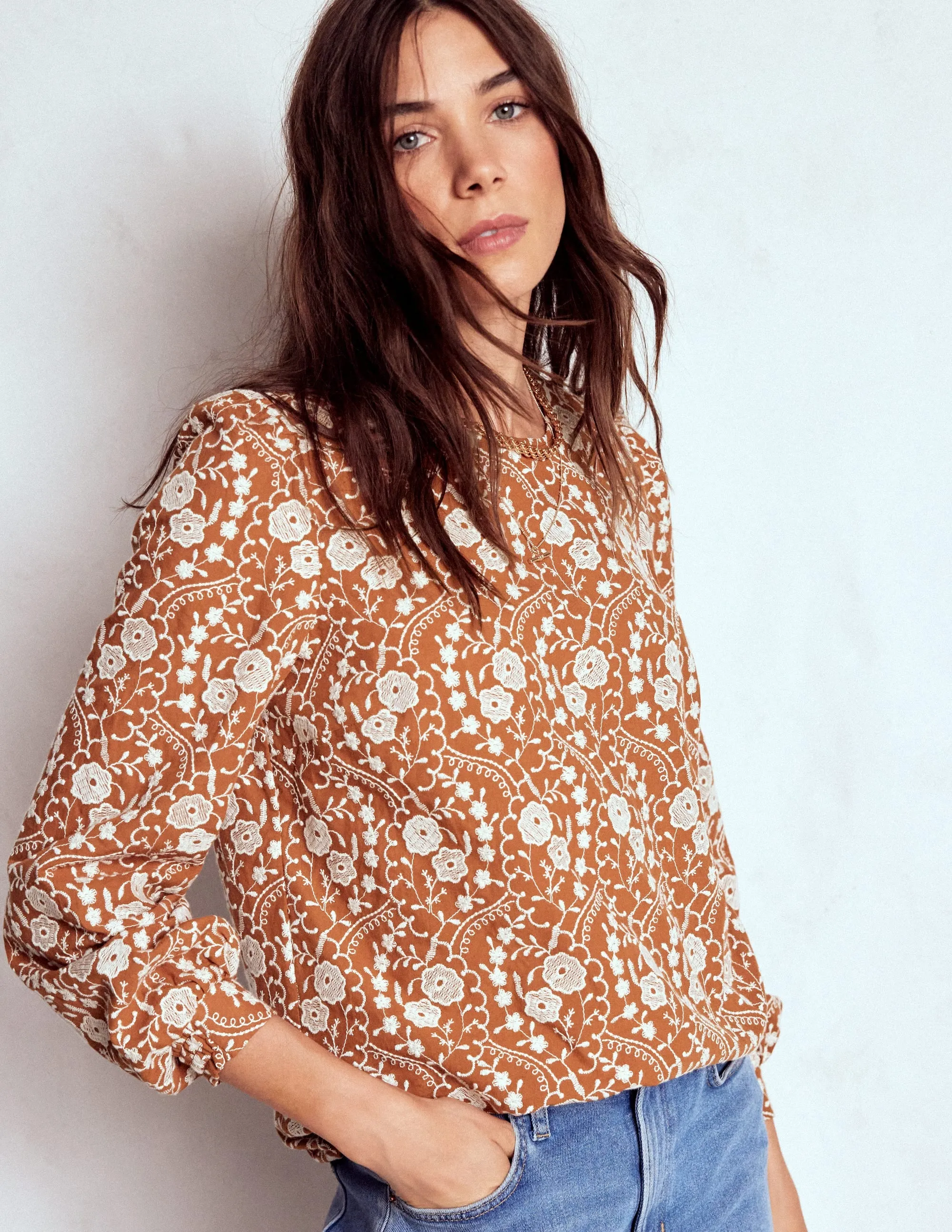 Embroidered Cotton Top-Brown MultiPocketDesign