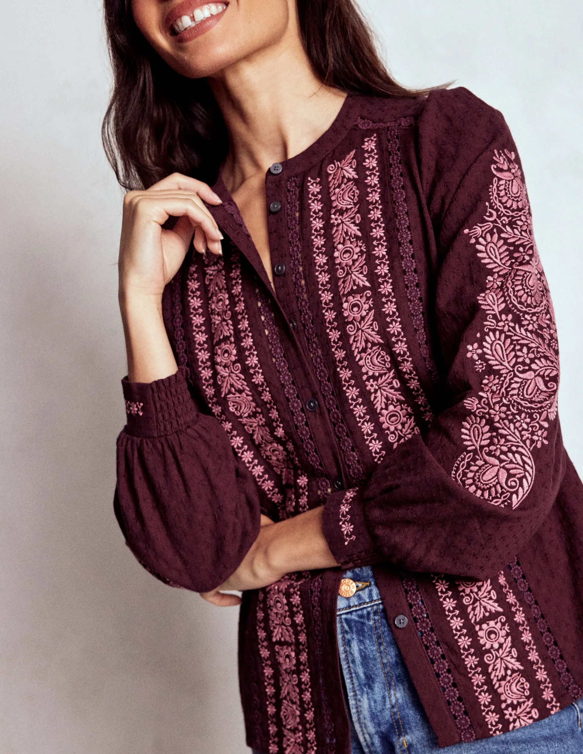 Embroidered Cotton Top-Dark Cherry Interlock Stitching Stylish Hoodie