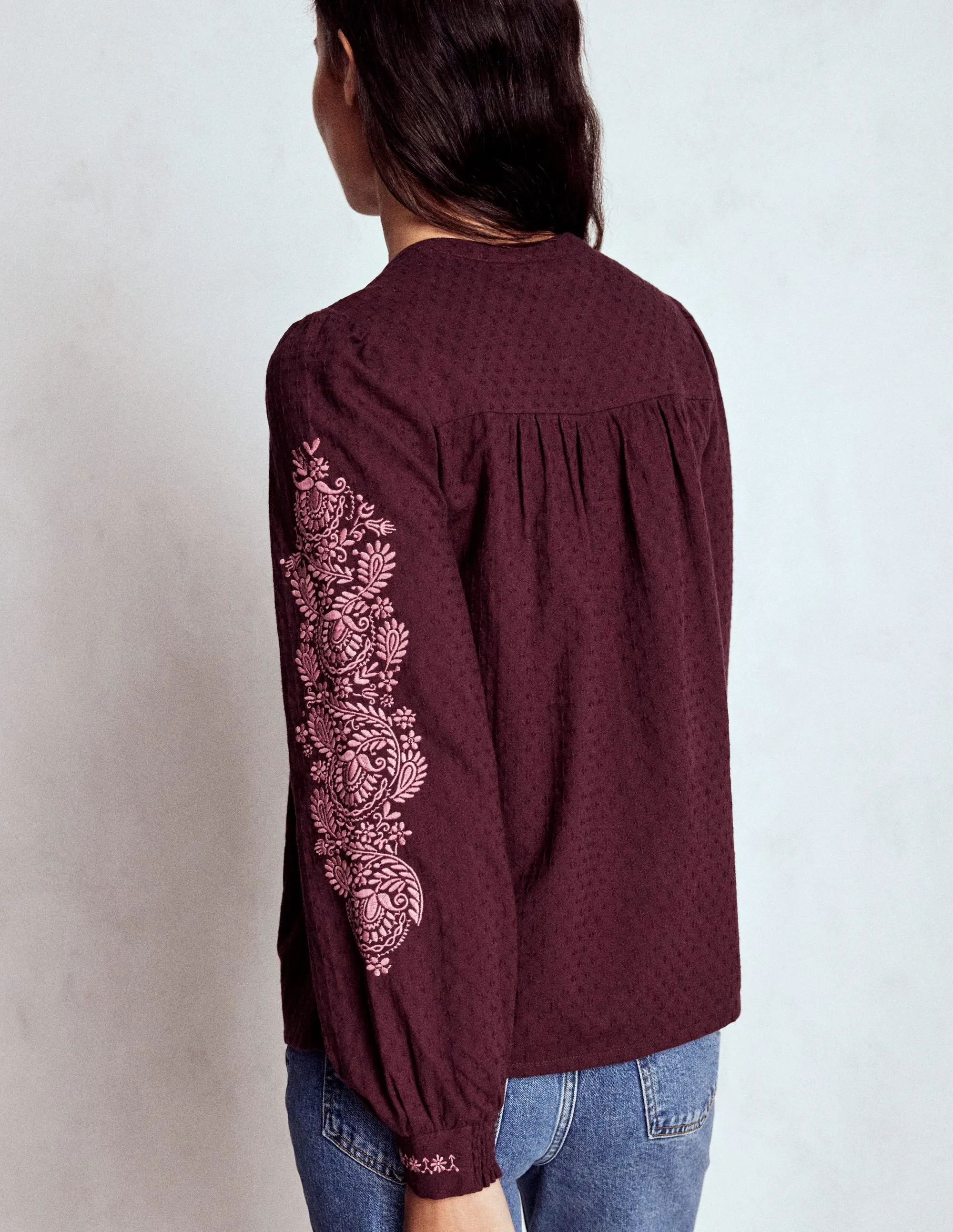 Ergonomic Fit Design Embroidered Cotton Top-Dark Cherry