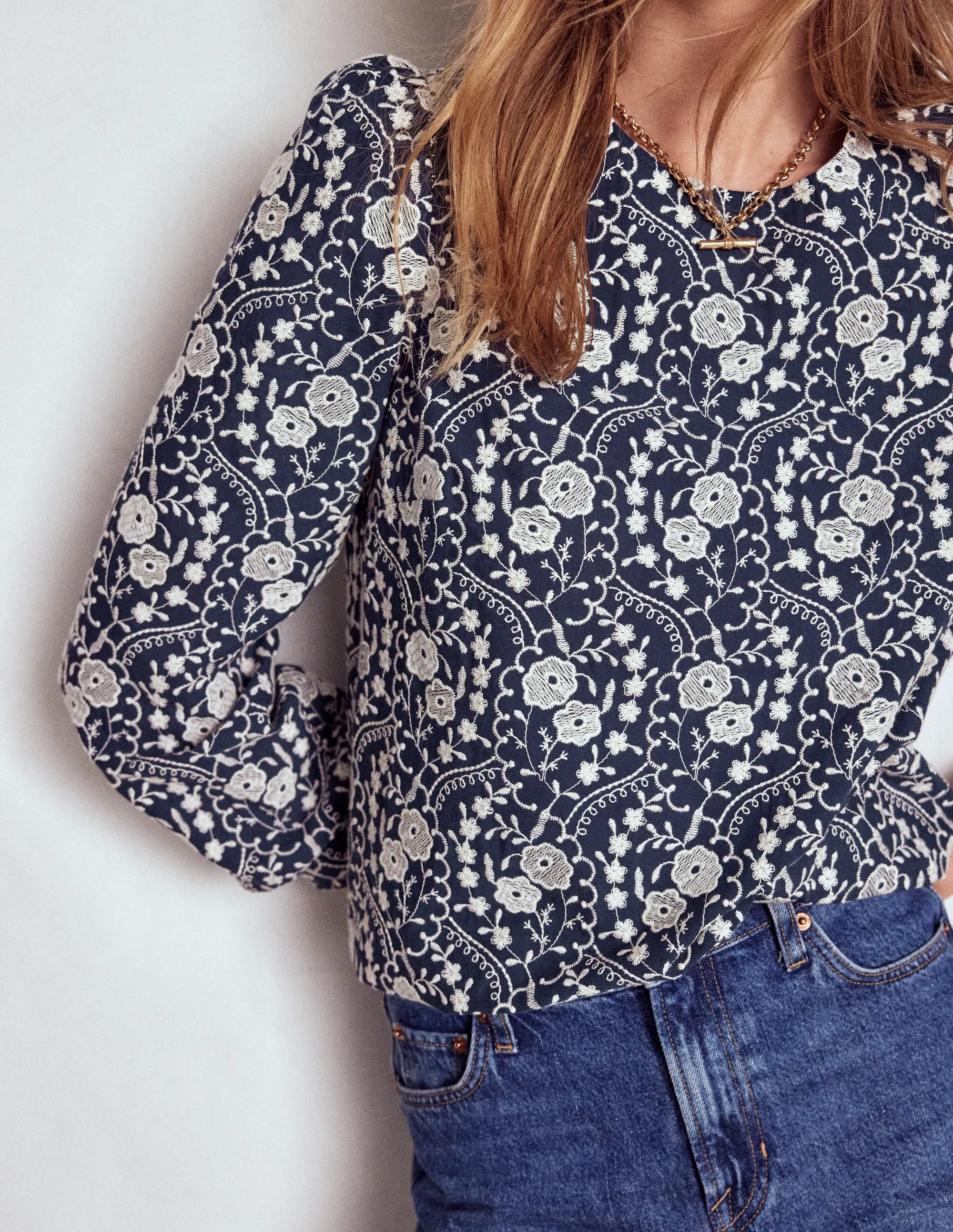 Embroidered Cotton Top-Navy Hidden Button Placket Casual Style