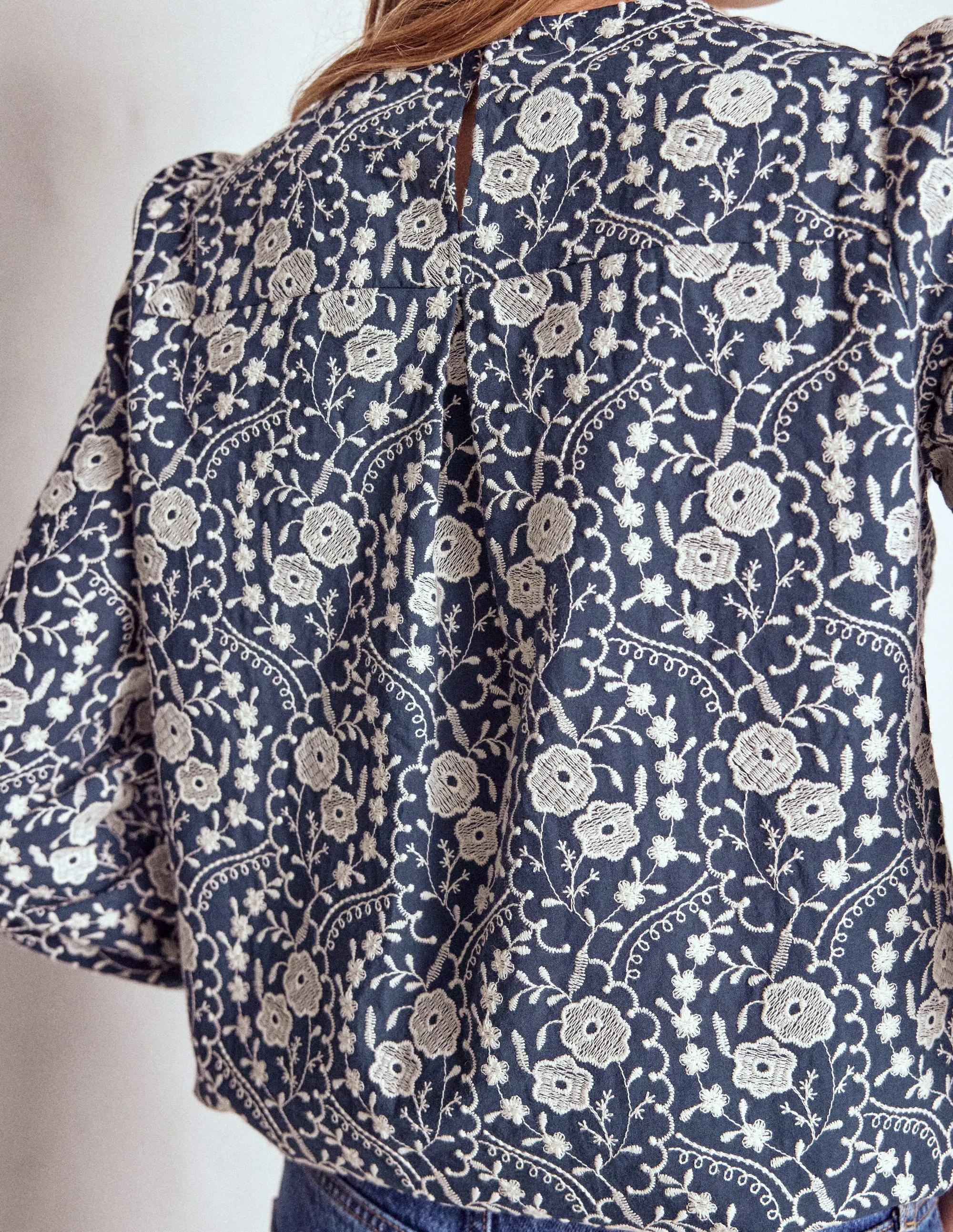 BoxyCrop Embroidered Cotton Top-Navy