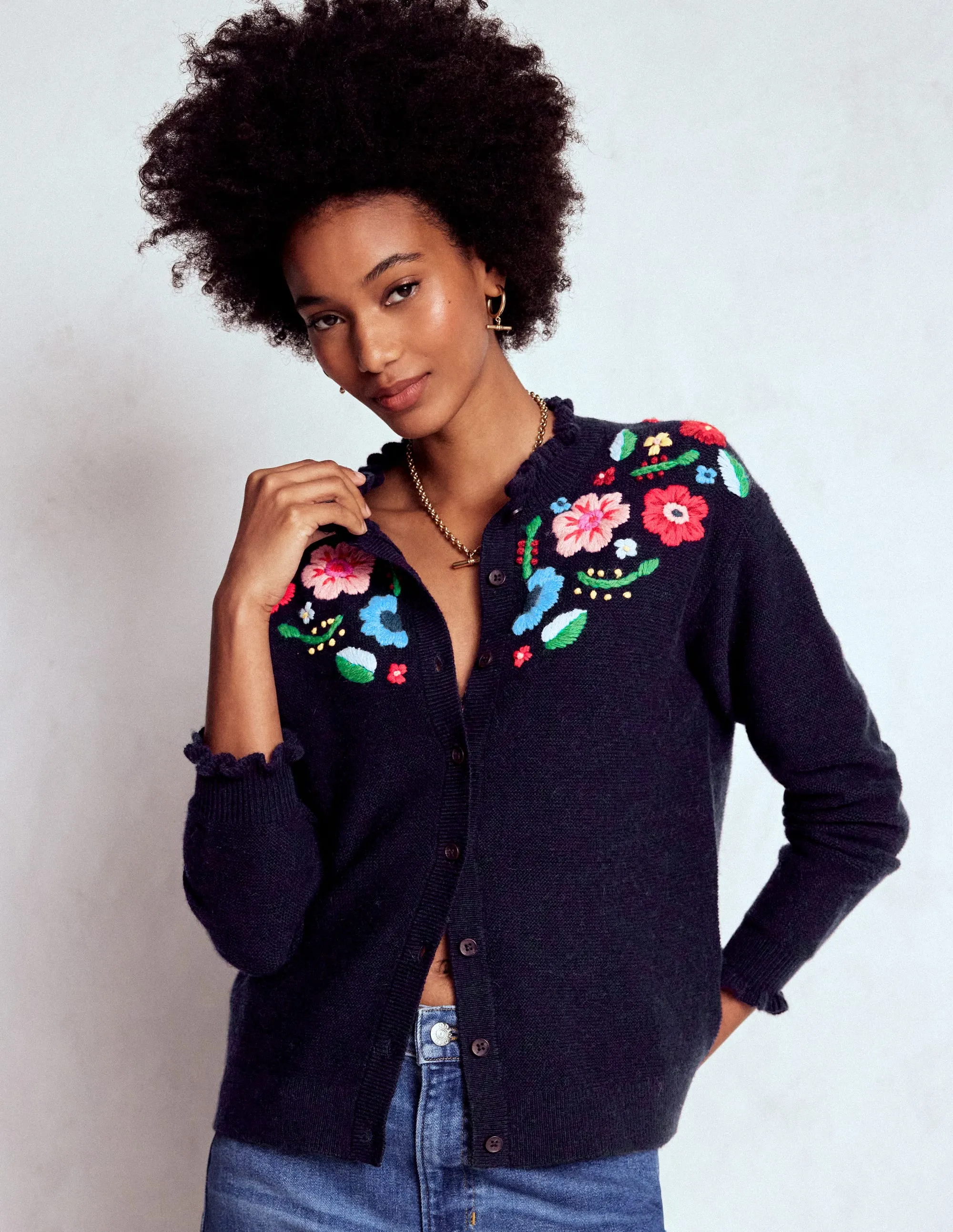 Embroidered Frill Cardigan-Navy Home Warmth Modern Casual Look