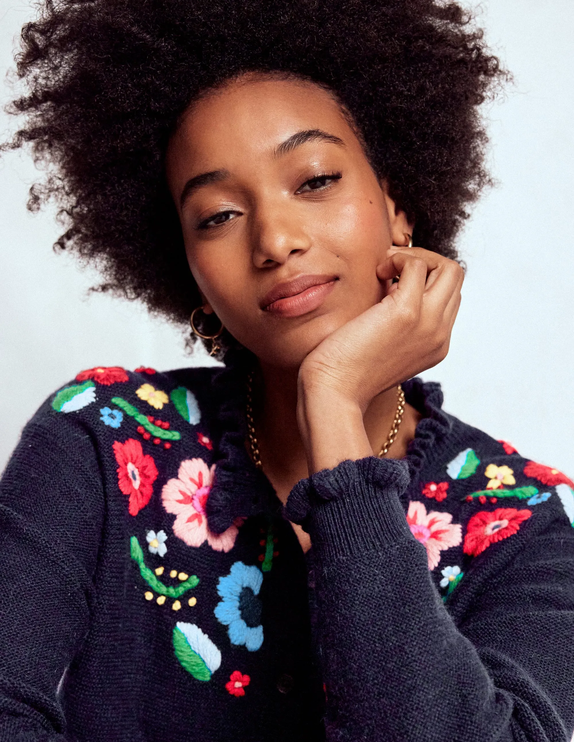 Embroidered Frill Cardigan-Navy FourWay Stretch Fabric Luminous Thread Accents