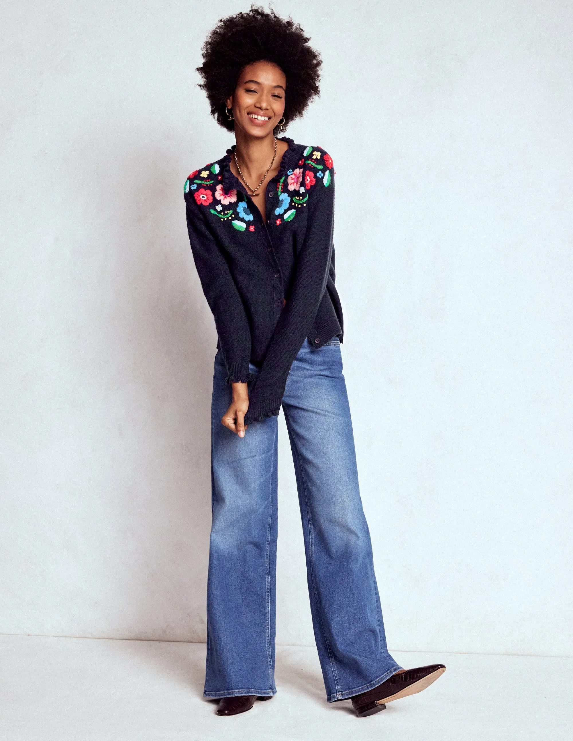 Plush Inner Lining Embroidered Frill Cardigan-Navy
