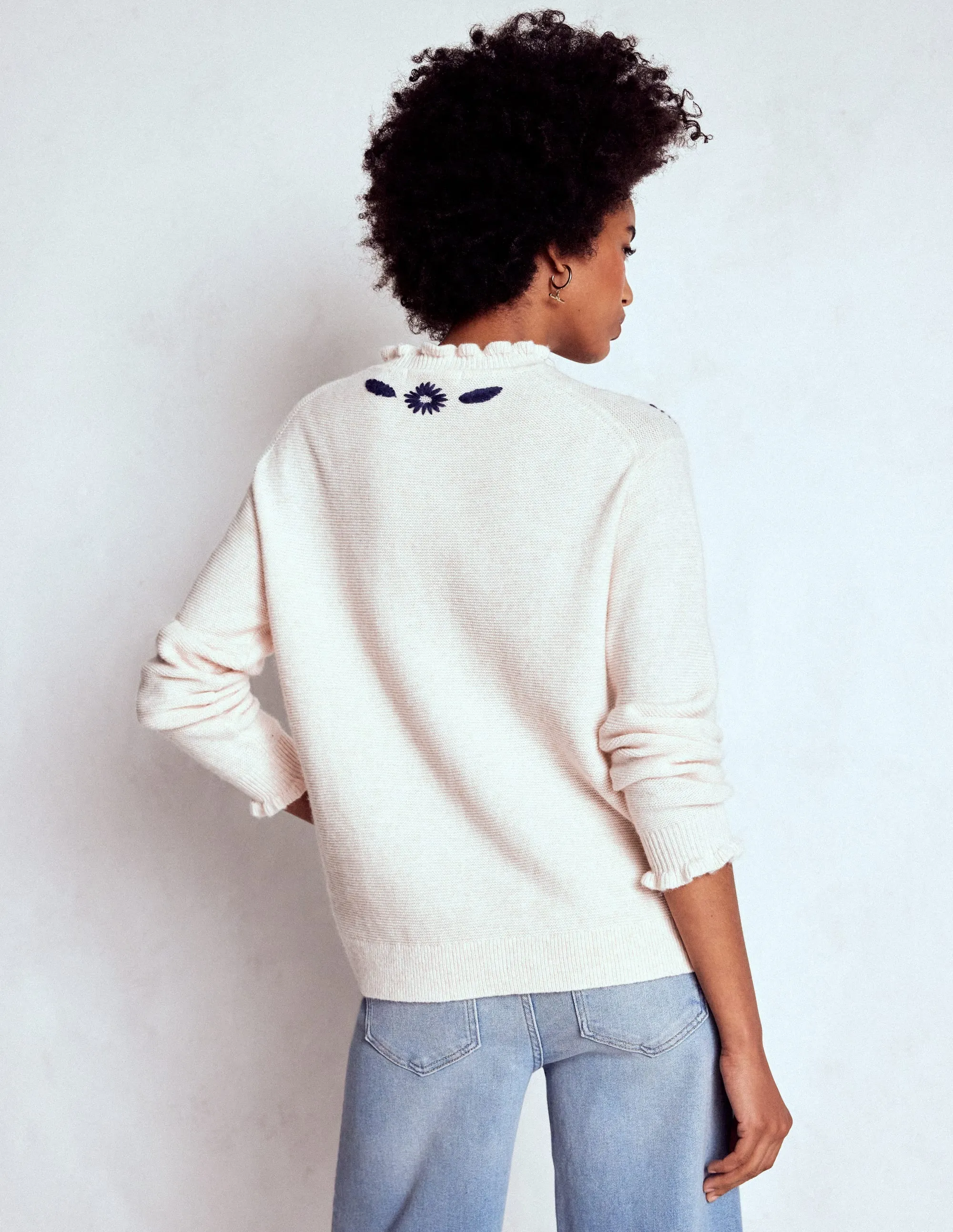 Embroidered Frill Jumper-Warm Ivory Stretch Recovery Yarn