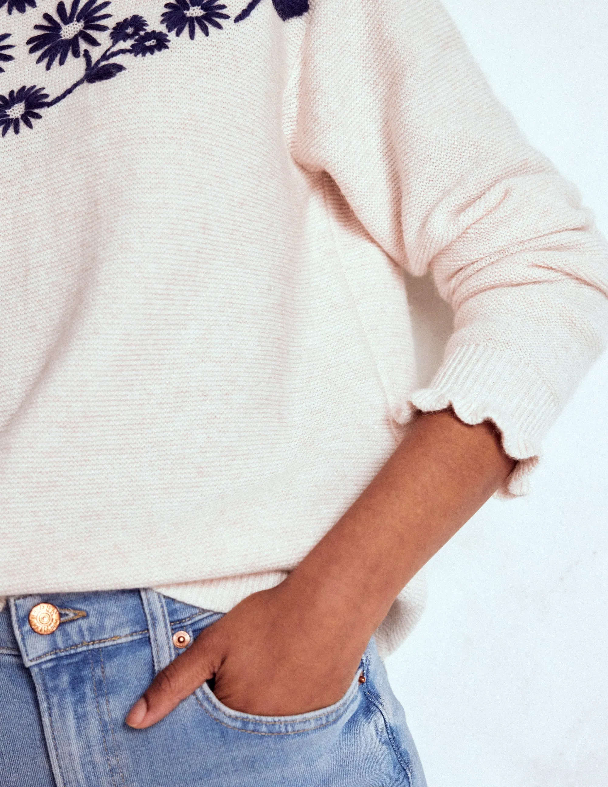 Embroidered Frill Jumper-Warm Ivory Cozy Layer