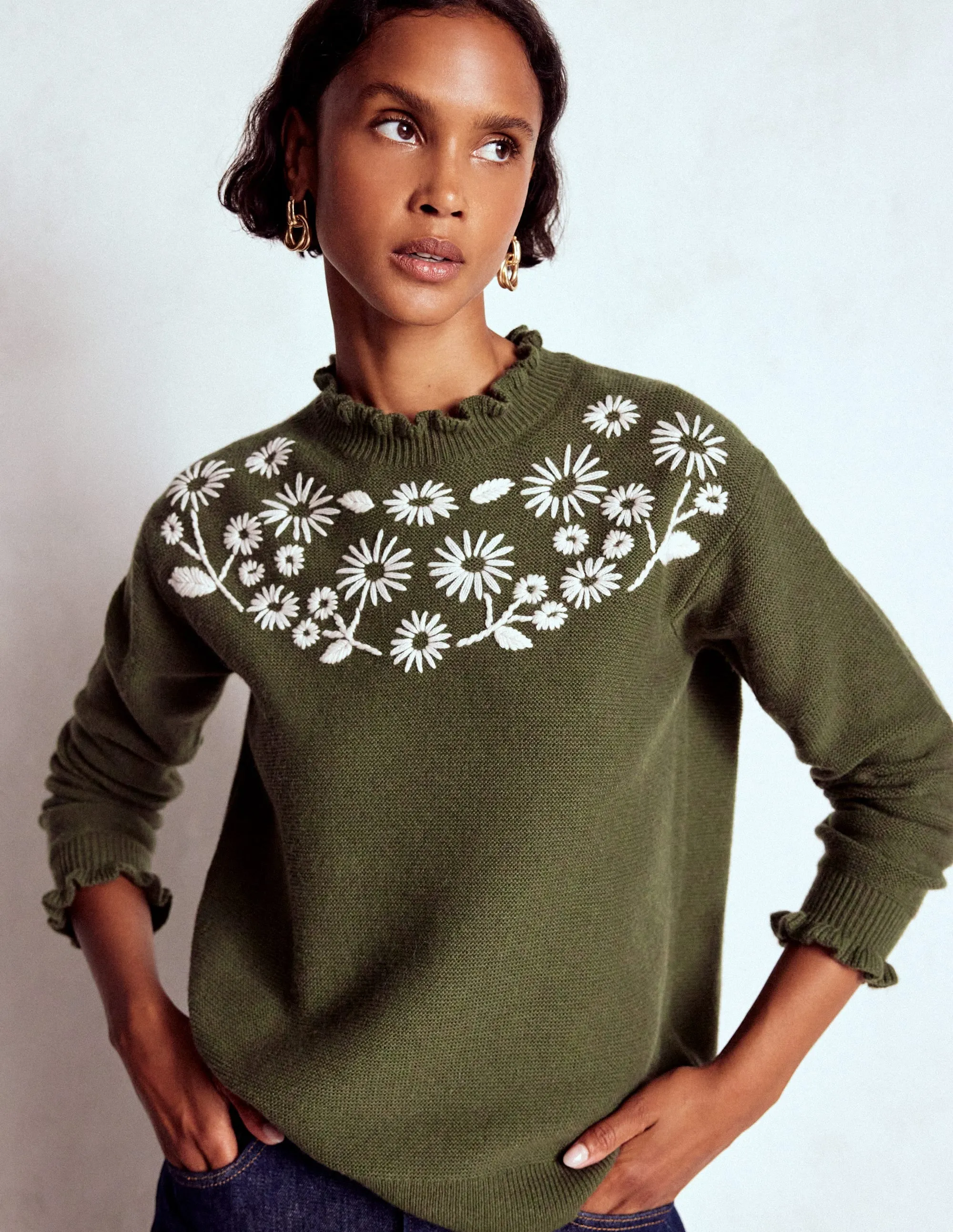 Embroidered Frill Jumper-Woodland Green Melange Four Way Stretch