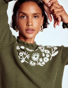 Circular Knit Smart touch Embroidered Frill Jumper-Woodland Green Melange