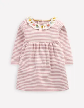 Embroidered Jersey Dress-Vintage Pink Soft Ivory Stripe Daily Essential