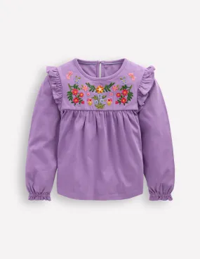 Embroidered Jersey Yoke Top-Aster Purple Embroidery NoSideSeams Organic Cotton