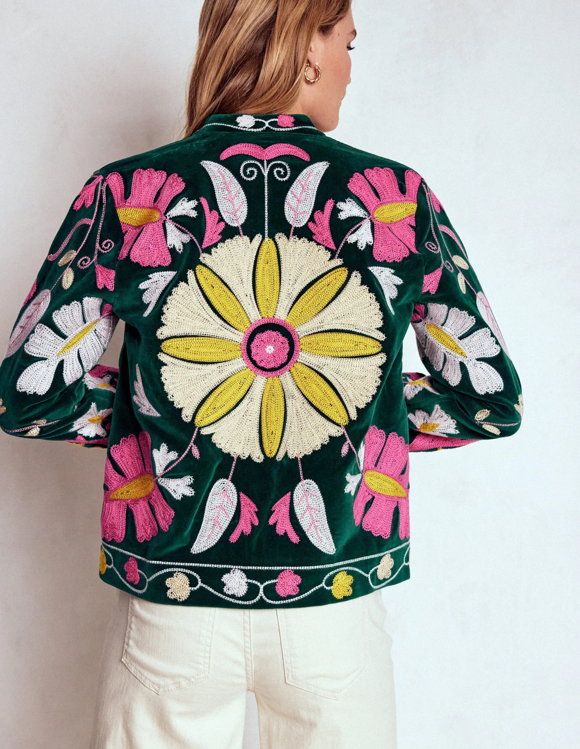 Reinforced Edging Embroidered Souvenir Jacket-Emerald Night Embroidery