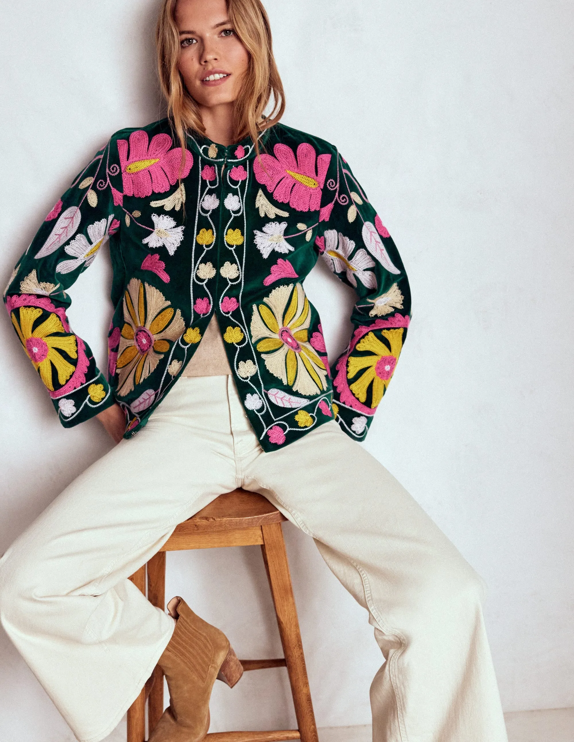 Embroidered Souvenir Jacket-Emerald Night Embroidery Single Breasted