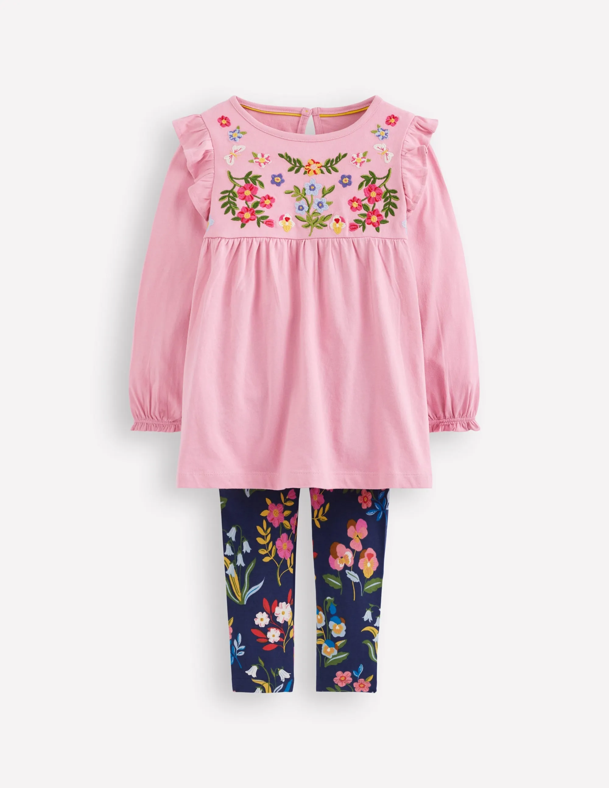 SoftenedNeckline Embroidered Tunic Set-Formica Pink