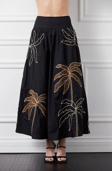 Embroidered Palm Tree Skirt in Black/Brown Modern Design