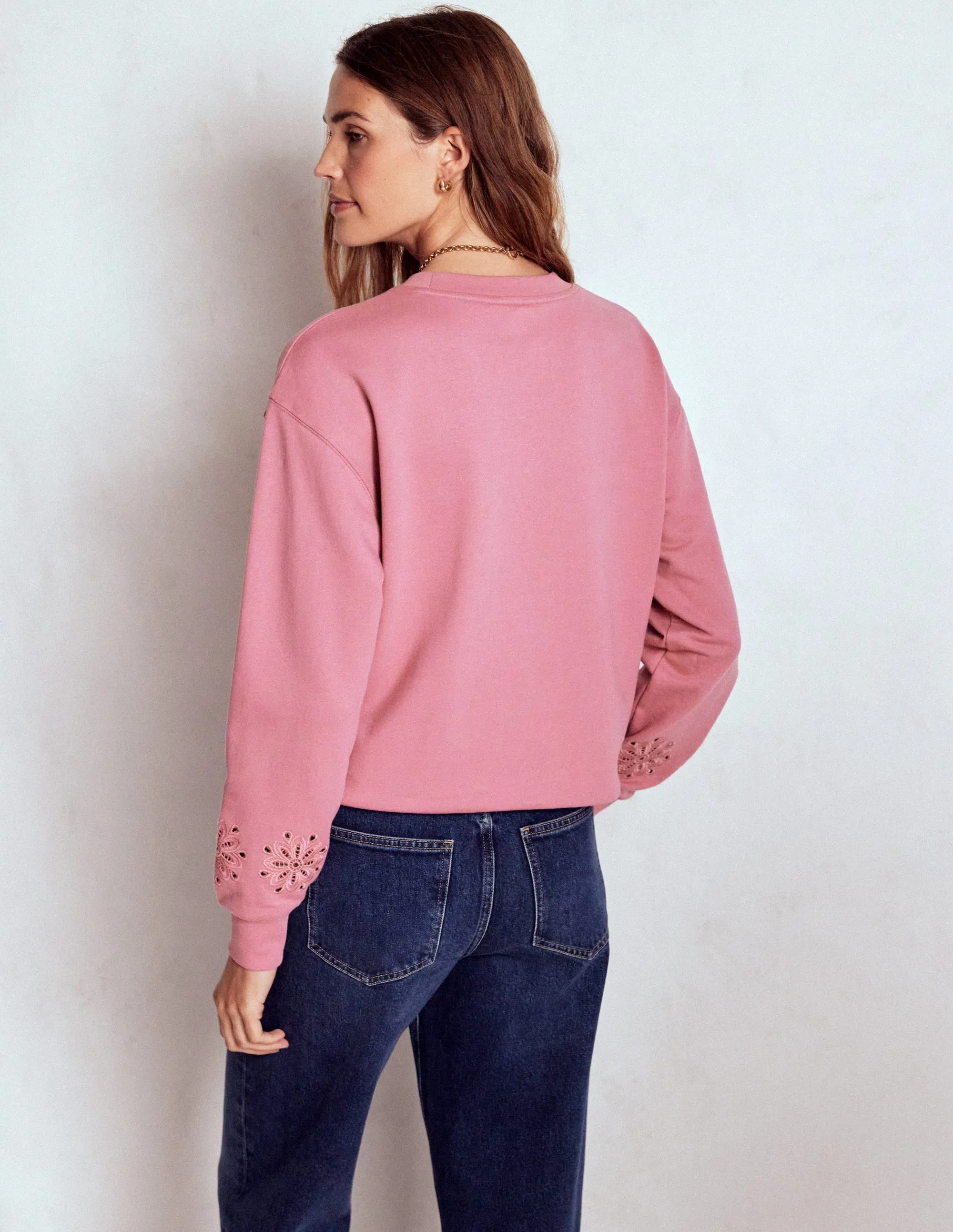Emi Cutwork Sweatshirt-Pink Heather Reinforced Neckline Adjustable Fit System