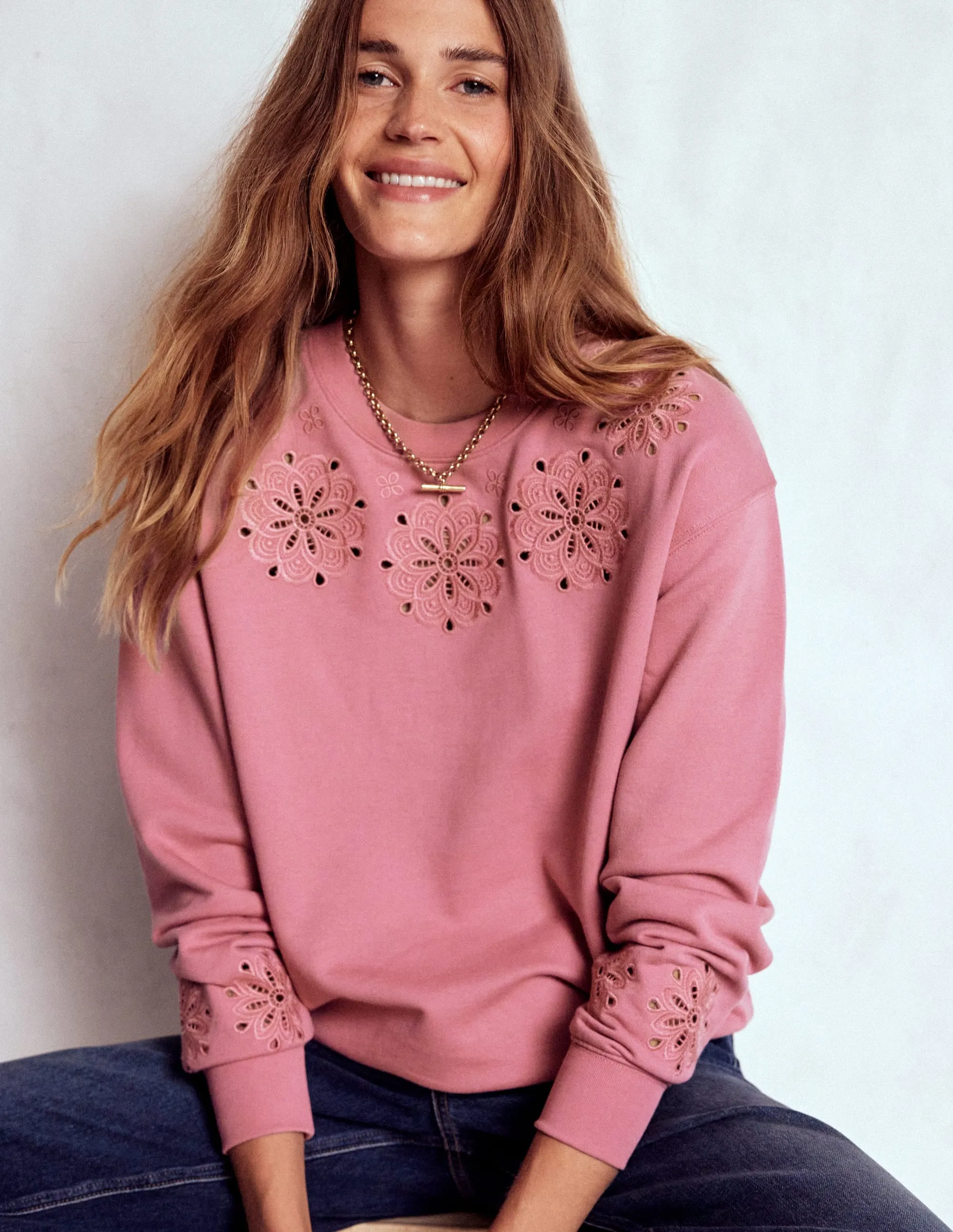 Emi Cutwork Sweatshirt-Pink Heather TearResistant Tailored Placket