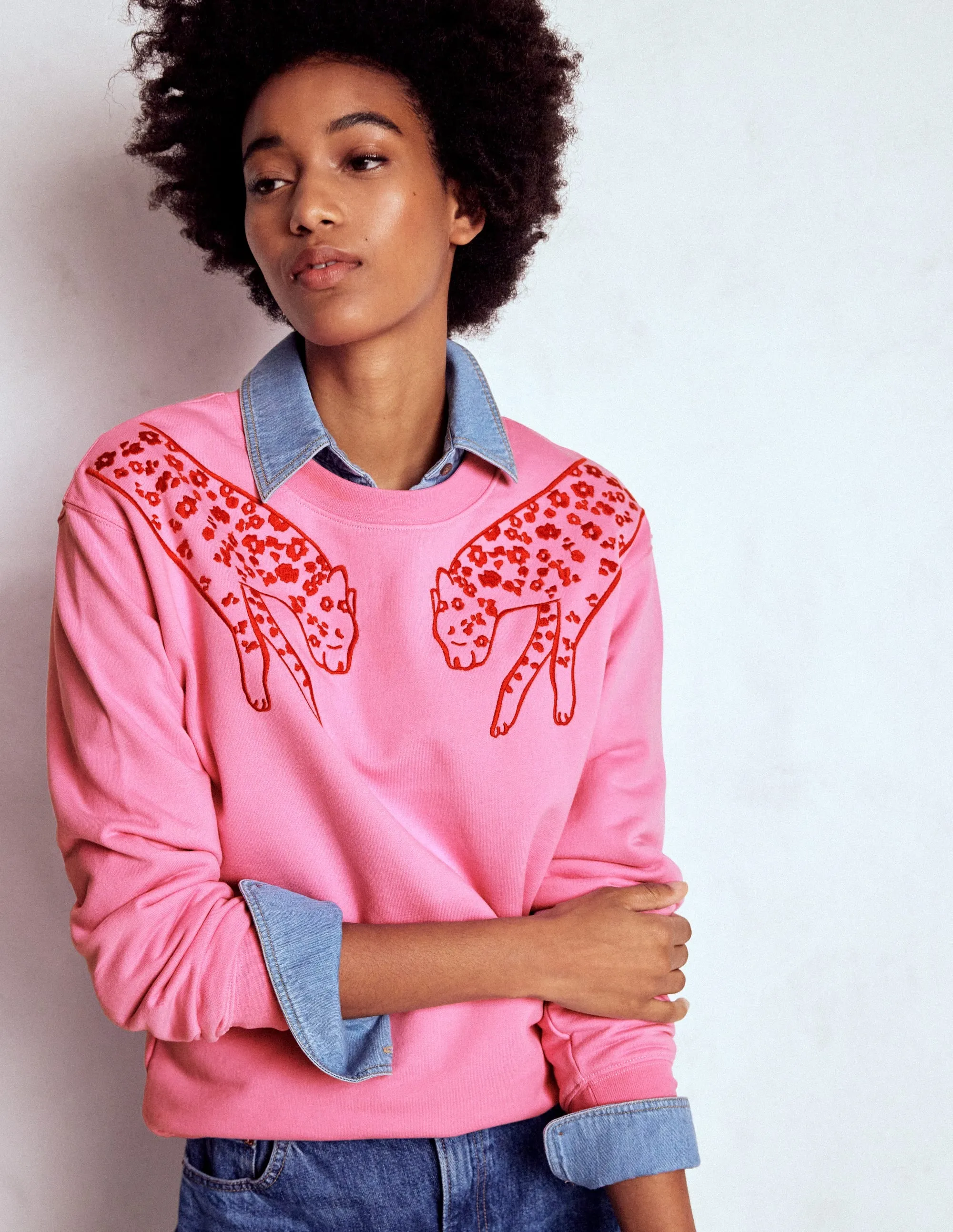 Button Down Collar WaterResistant Emi Embroidered Sweatshirt-Leopard Embroidery