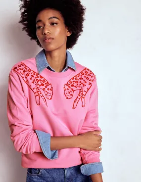 Button Down Collar WaterResistant Emi Embroidered Sweatshirt-Leopard Embroidery