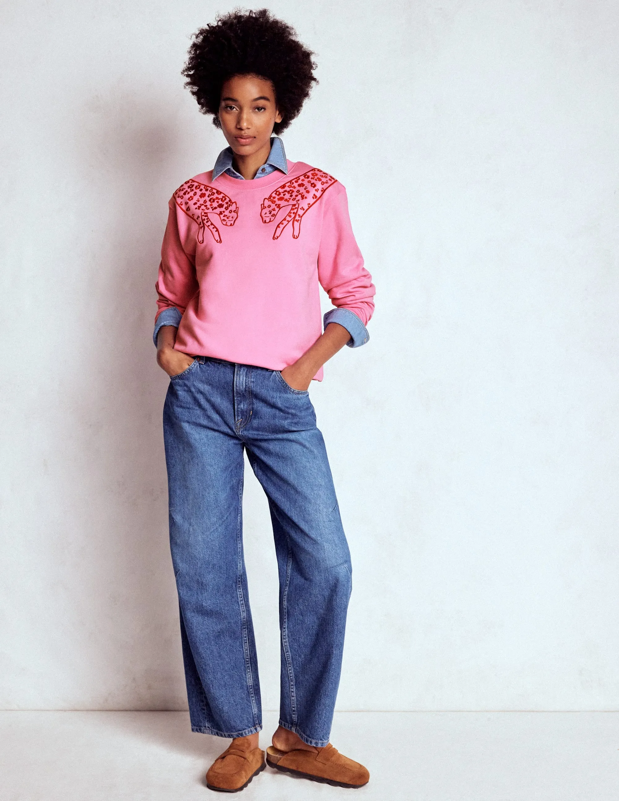 Emi Embroidered Sweatshirt-Leopard Embroidery FlexibleNeckline Cool Fabric