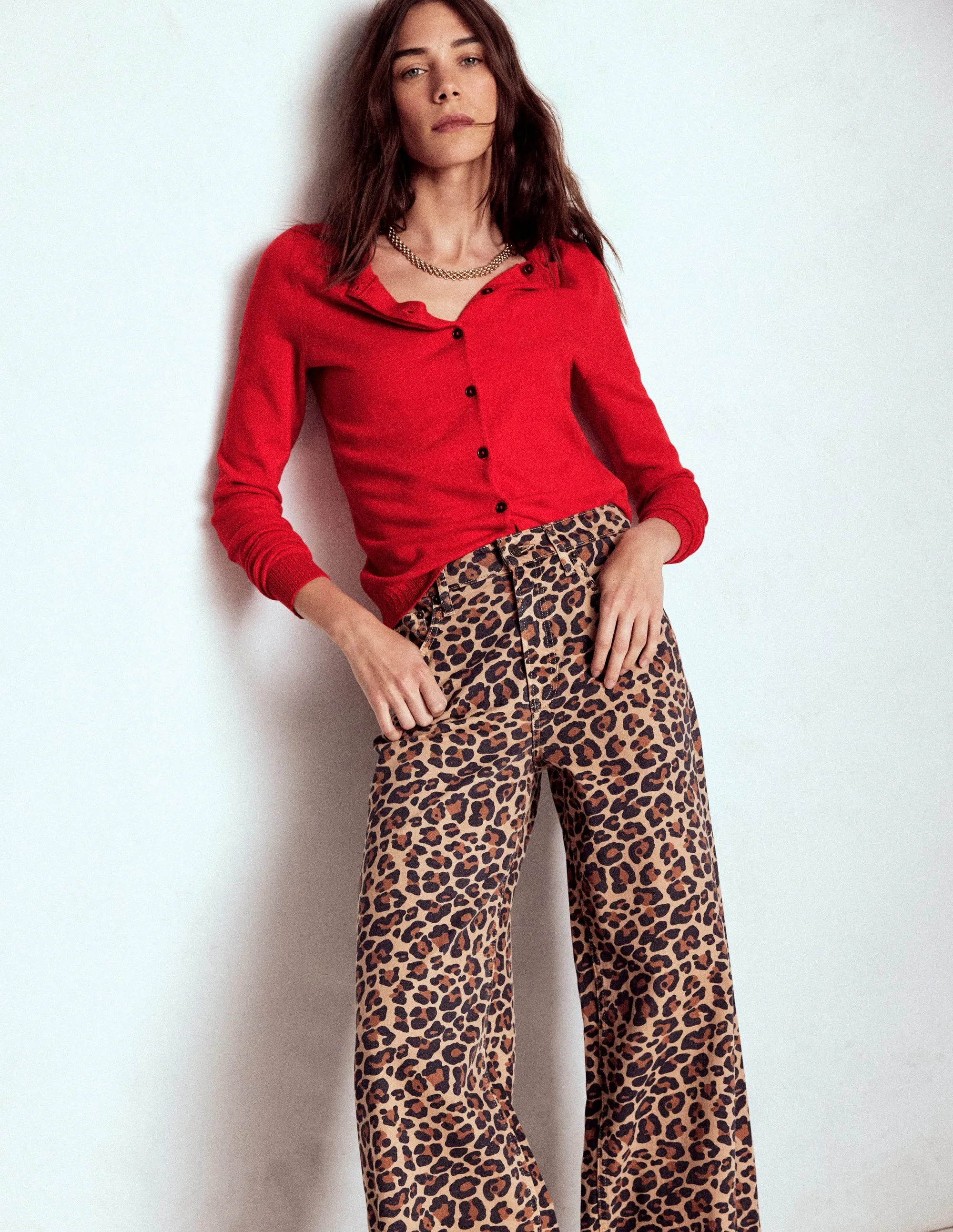 Emilia Cotton Crew Cardigan-Poppy Red Versatile Layer Brushed Inner