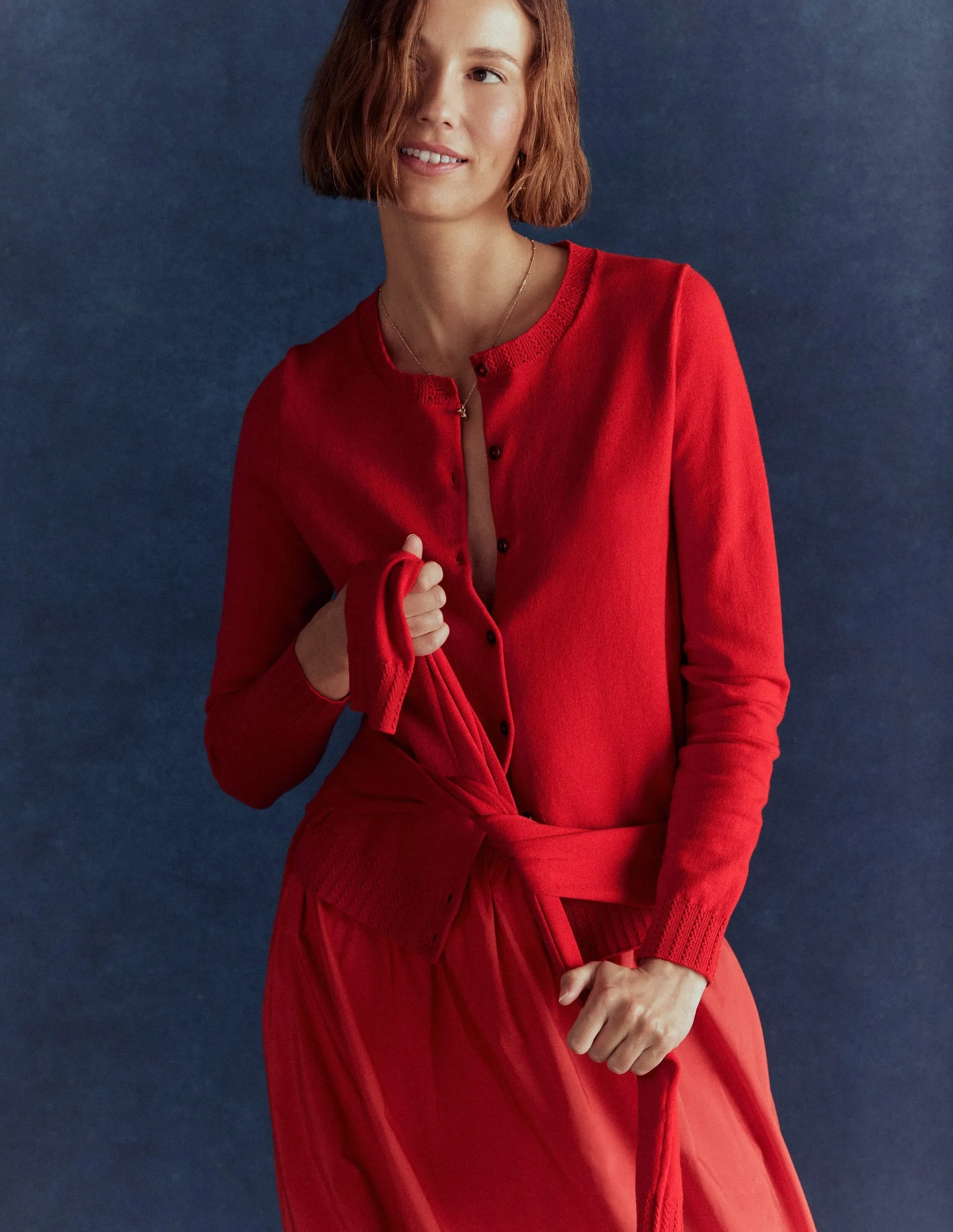 Layered Cable Pattern Eco Friendly Dye Emilia Cotton Crew Cardigan-Poppy Red