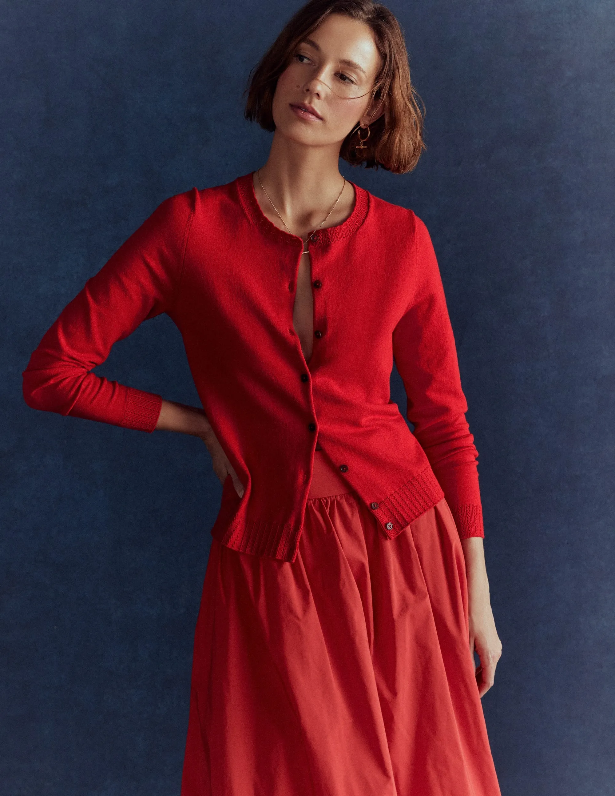 Emilia Cotton Crew Cardigan-Poppy Red Ventilated Mesh Panels