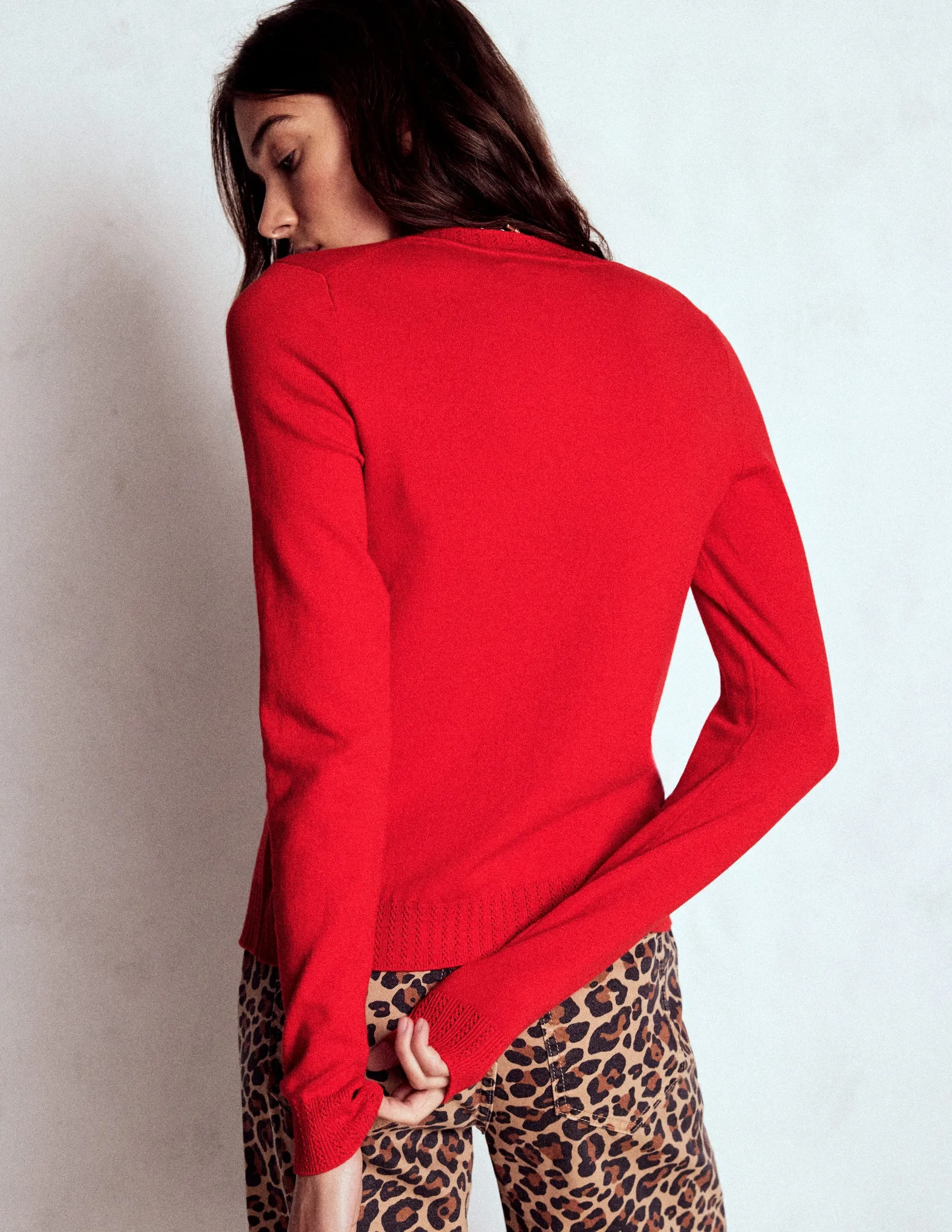 Emilia Cotton Crew Cardigan-Poppy Red BreathableKnit Fabric