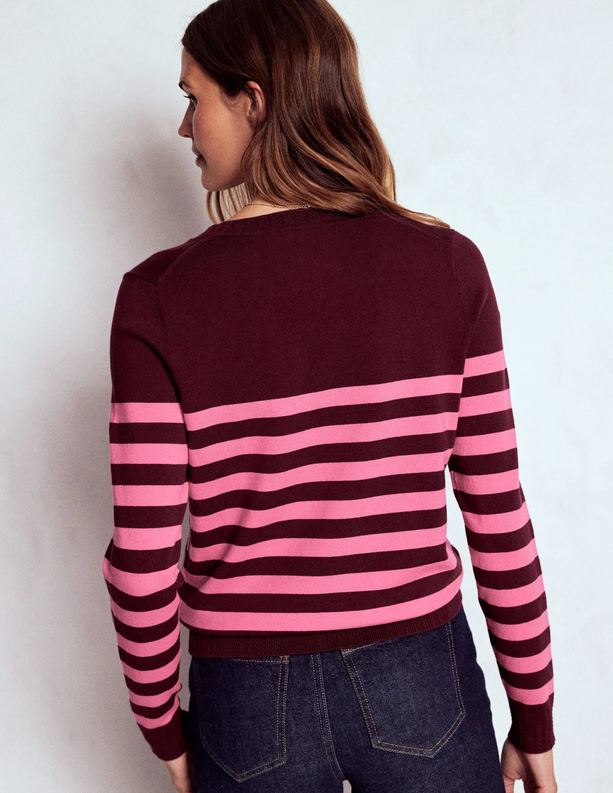 Chilly Days Bamboo Fiber Blend Emilia Cotton Crew Jumper-Chestnut/Pink Stripe