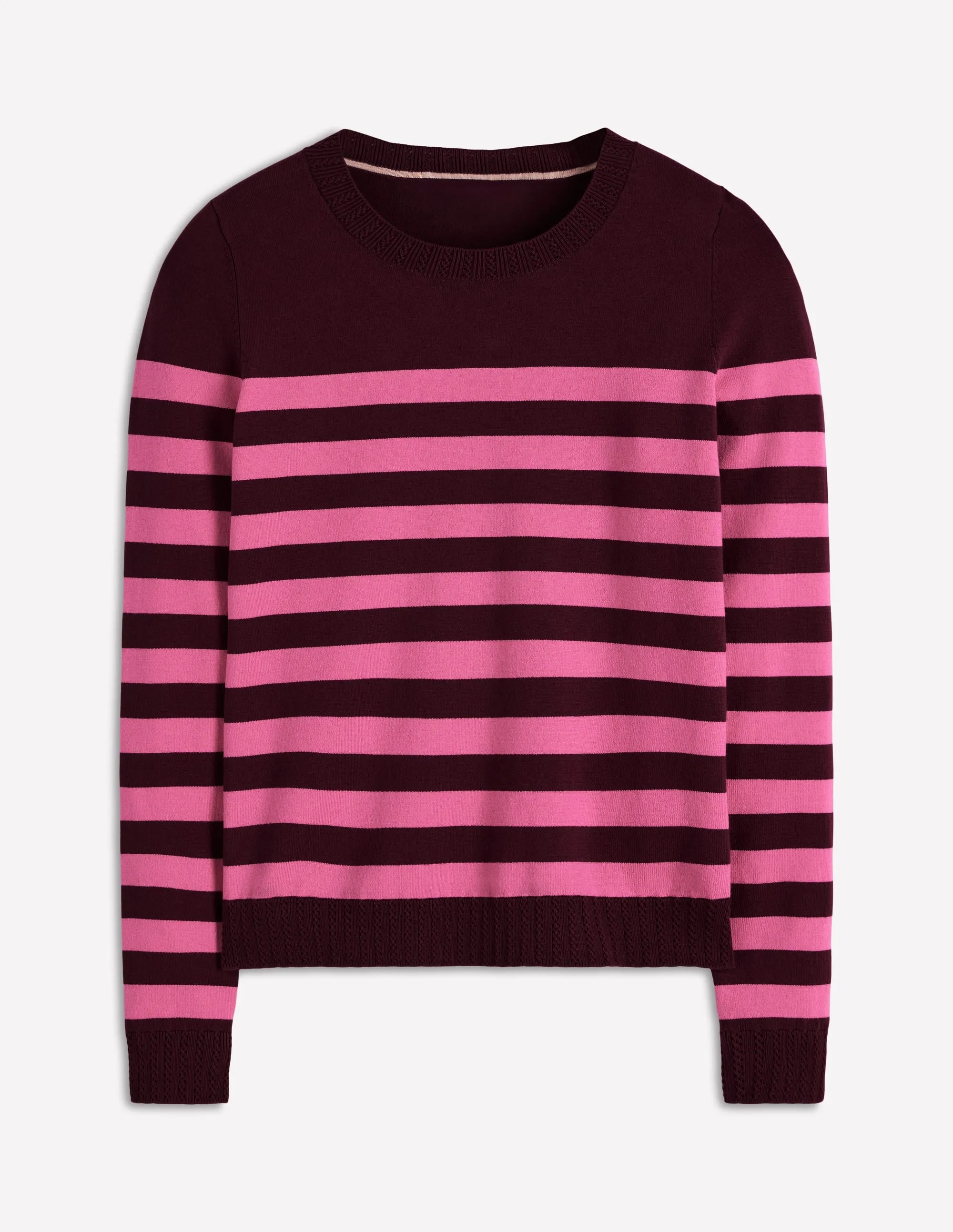 Durable Edge Binding Double Layered Hem Emilia Cotton Crew Jumper-Chestnut/Pink Stripe