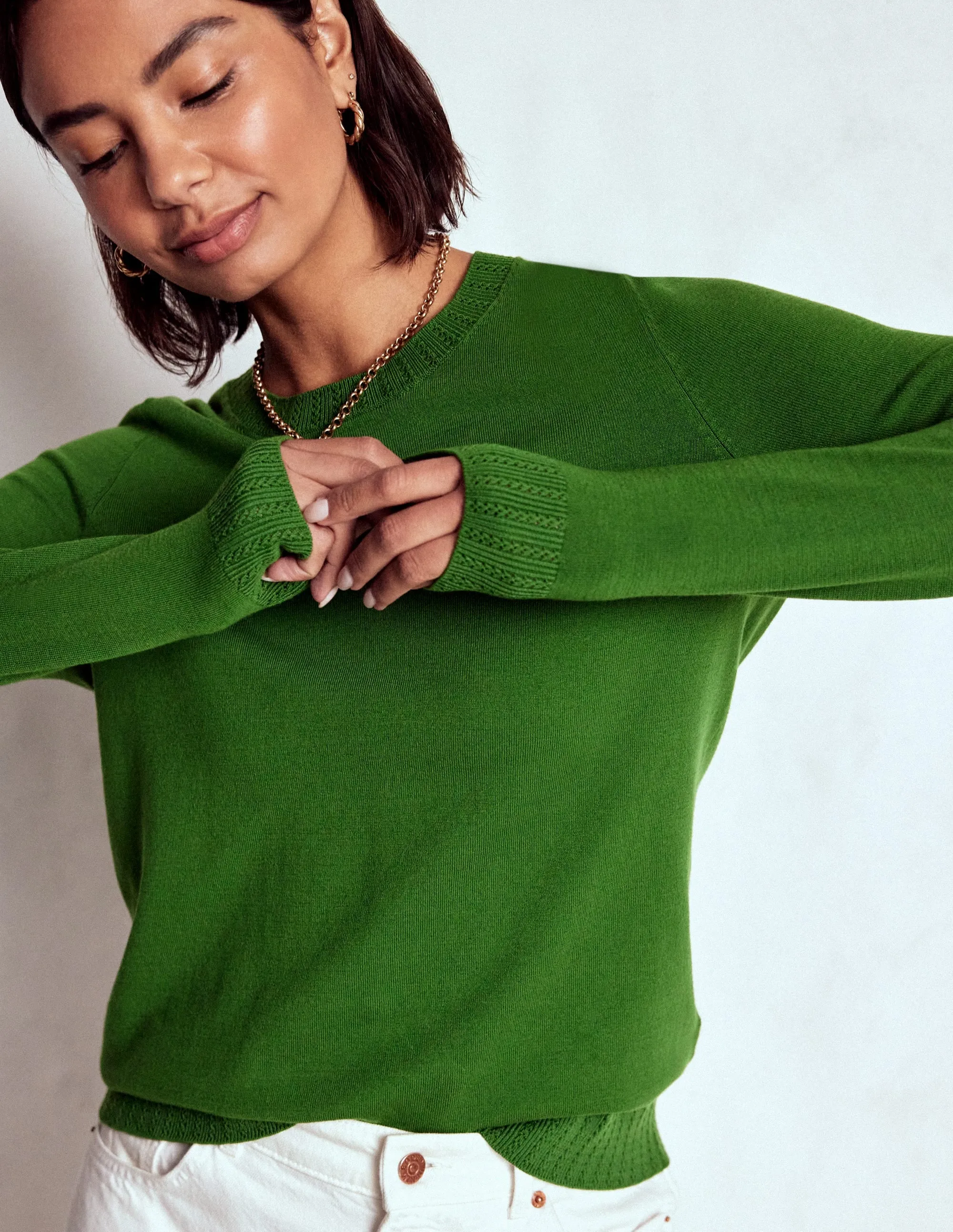 Emilia Cotton Crew Jumper-Promenade Green Stretchable Material