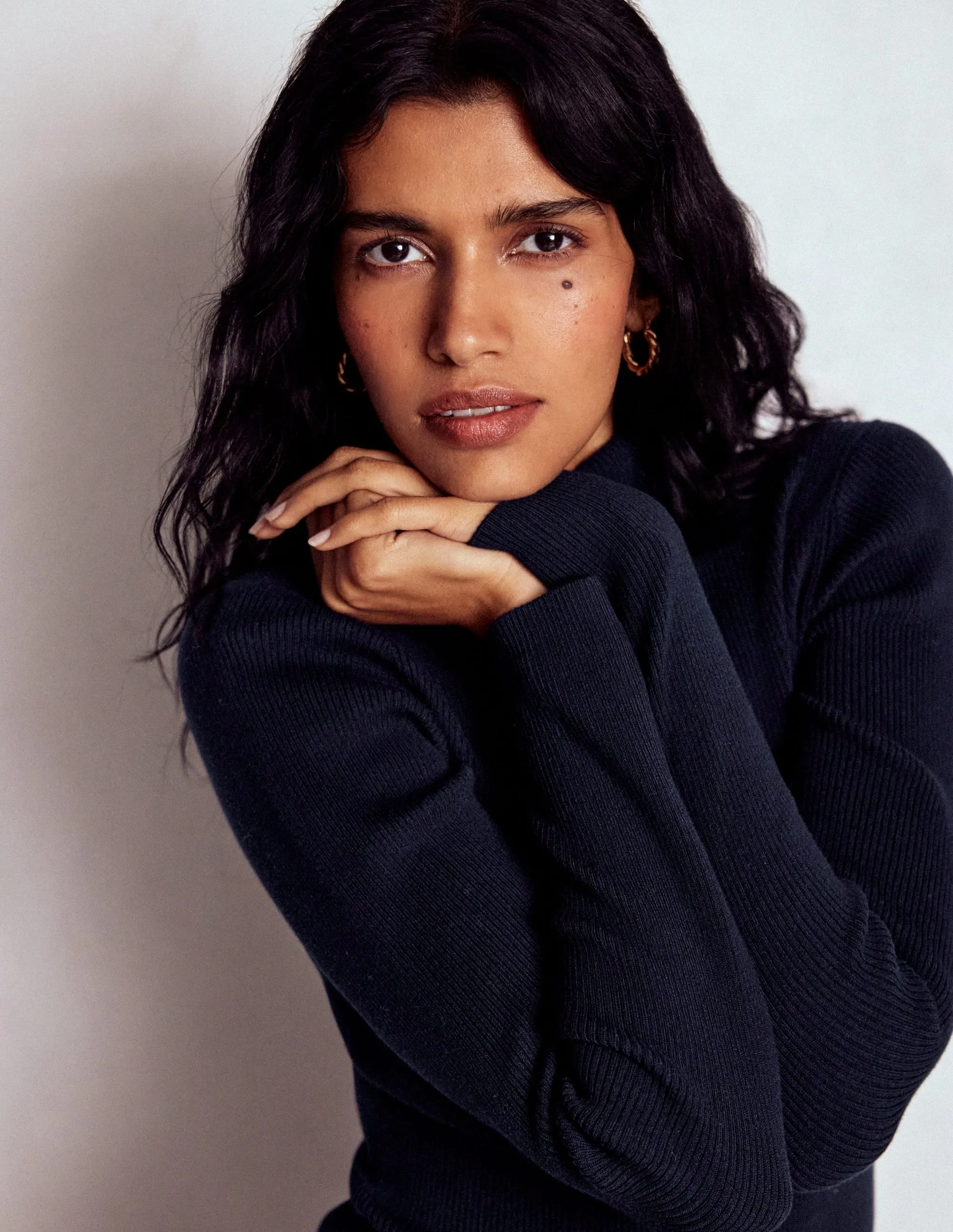 Simple Layered Emilia Cotton Roll Neck Jumper-Navy