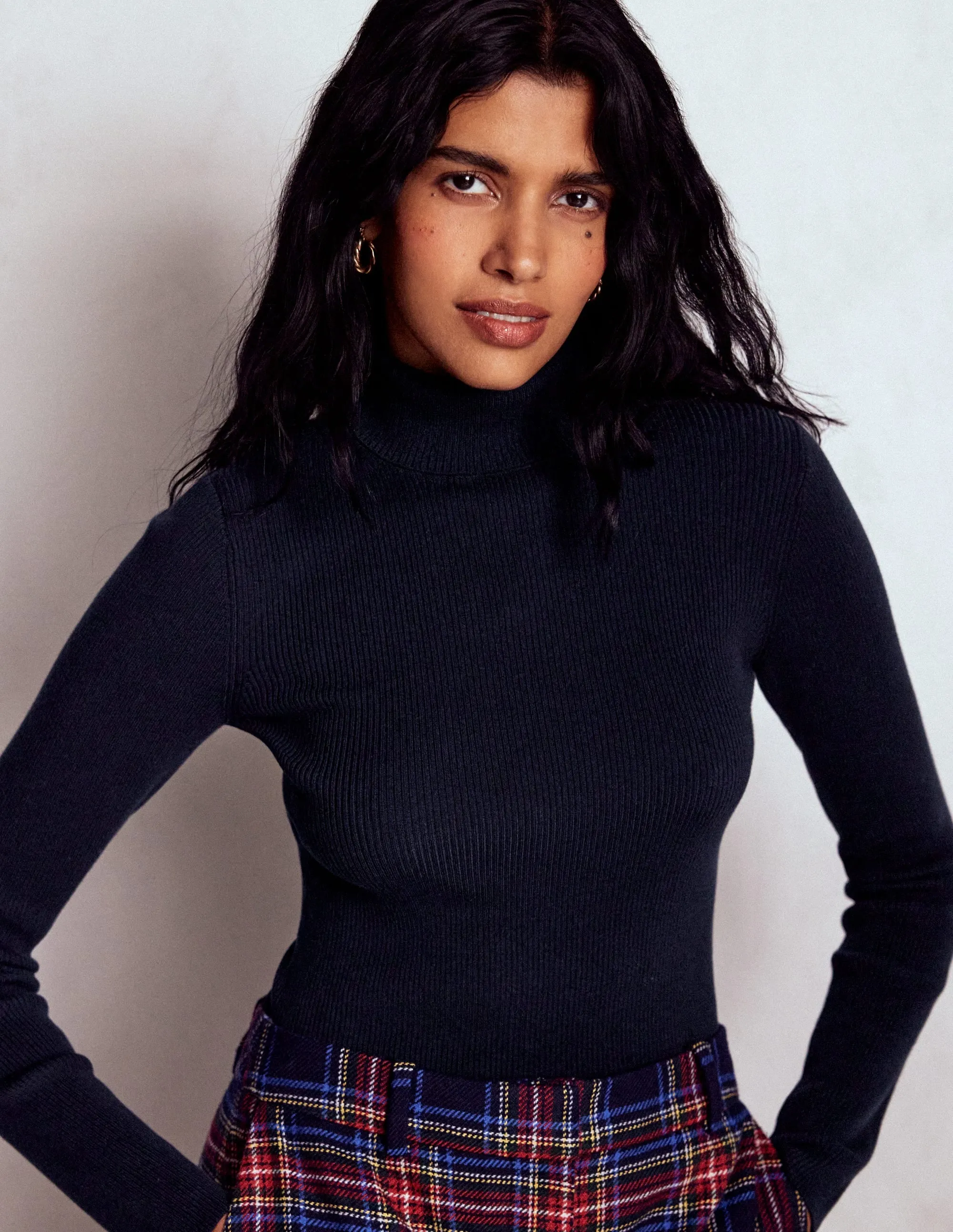 Emilia Cotton Roll Neck Jumper-Navy Multi Directional Stretch DoubleLayered Edging