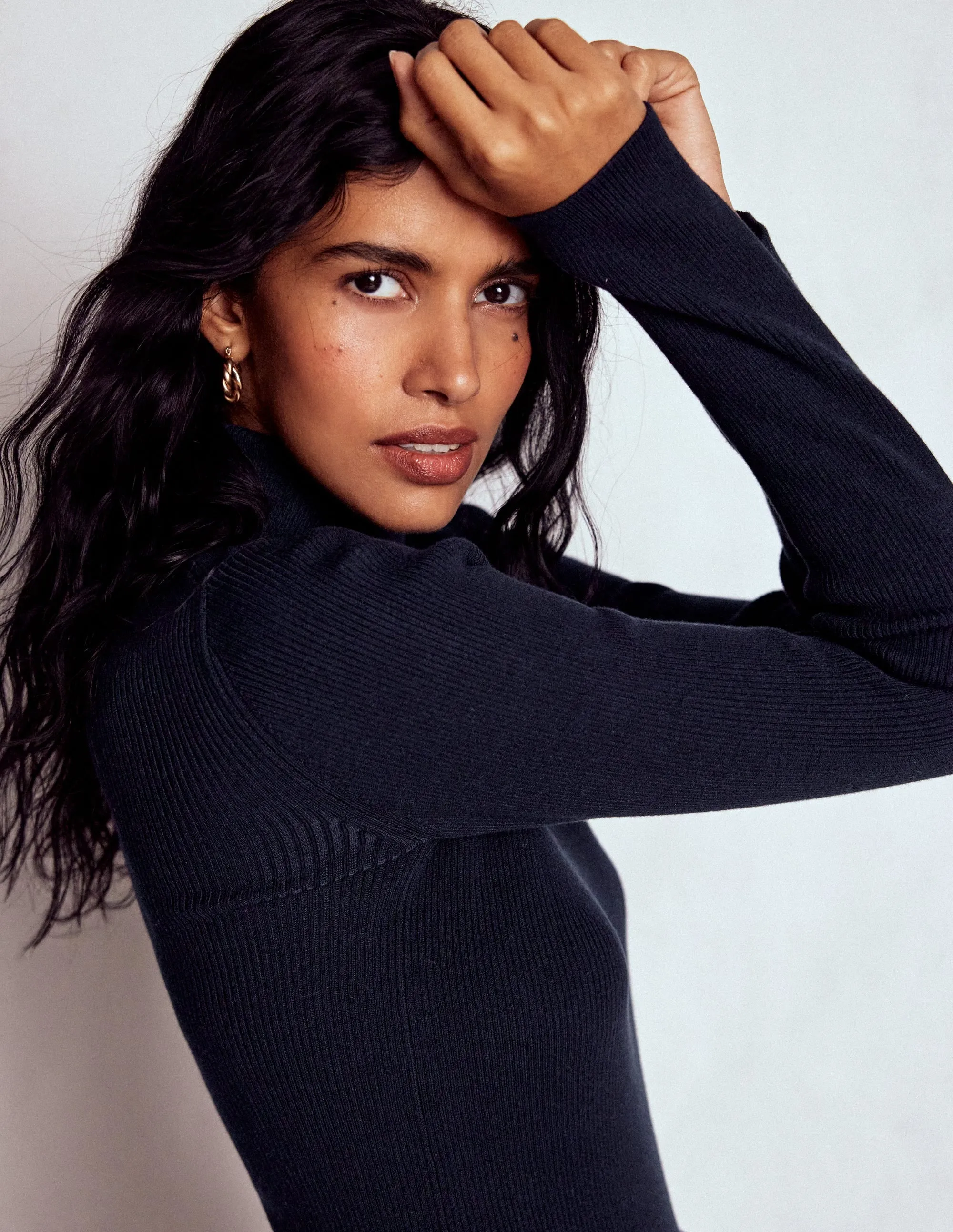 Emilia Cotton Roll Neck Jumper-Navy WideRibbed Texture