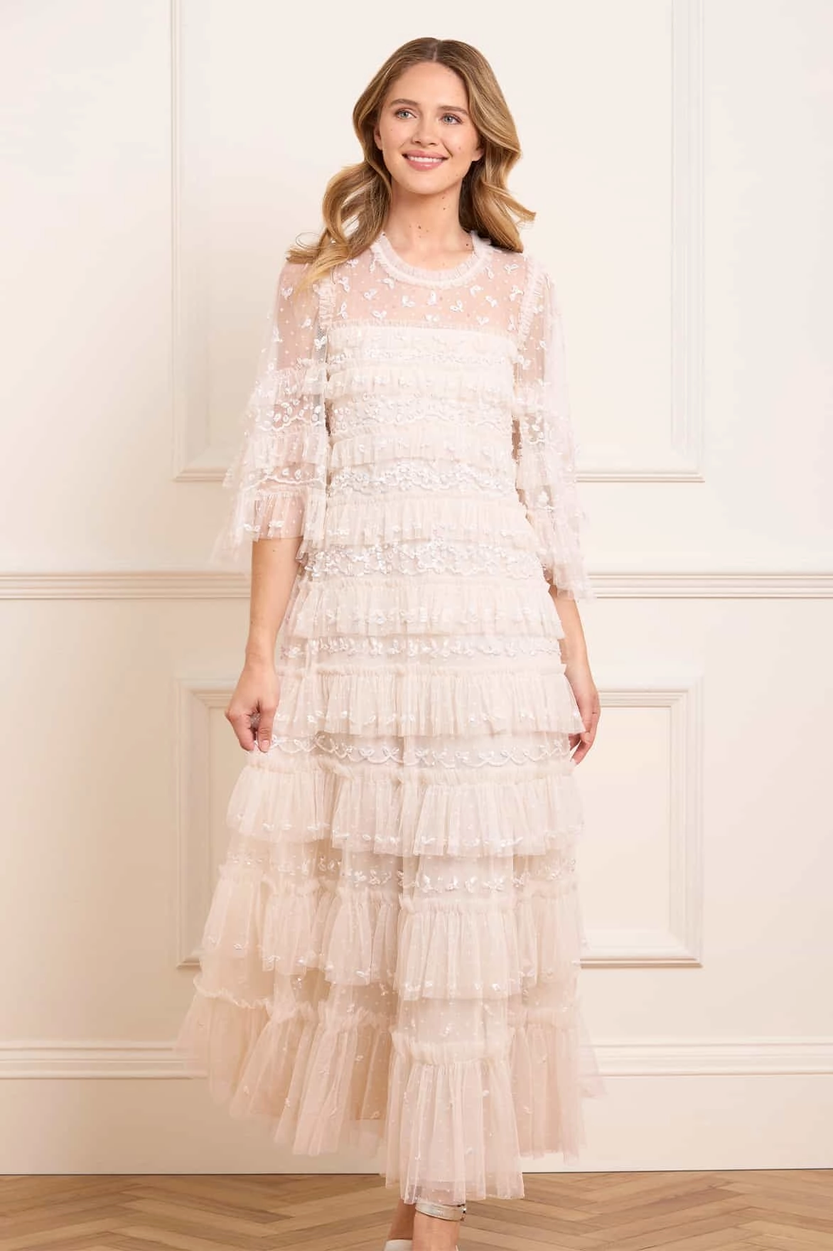 Silky Finish Sheer Overlay Emily Lace Ankle Gown