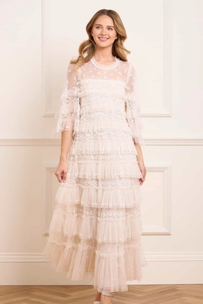 Silky Finish Sheer Overlay Emily Lace Ankle Gown