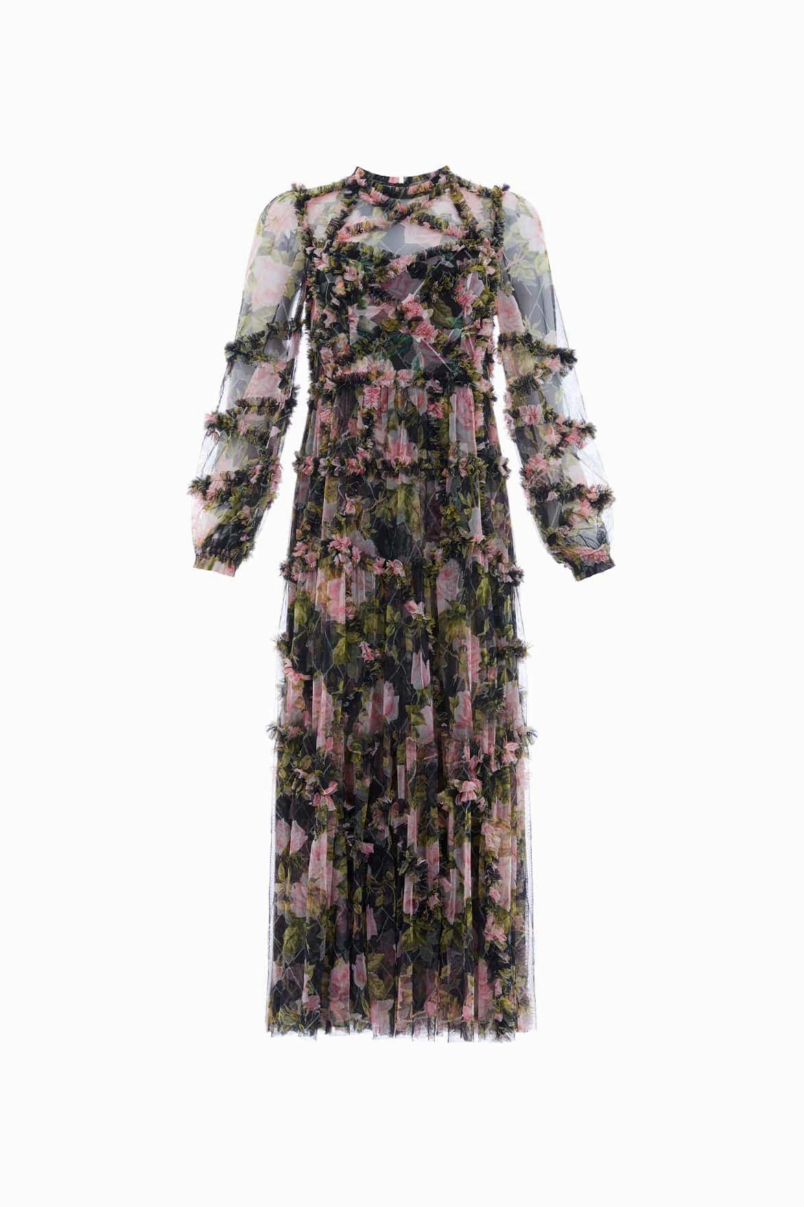 Soft Gradient Calm Aesthetic English Rose Diamond Ruffle Ballerina Dress