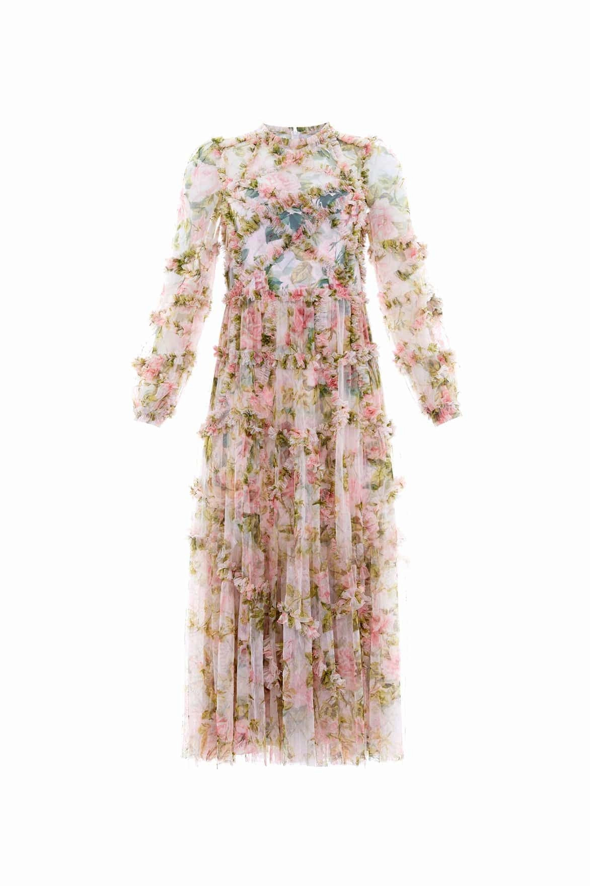 Crinkle Effect Soft Flow English Rose Diamond Ruffle Ballerina Dress