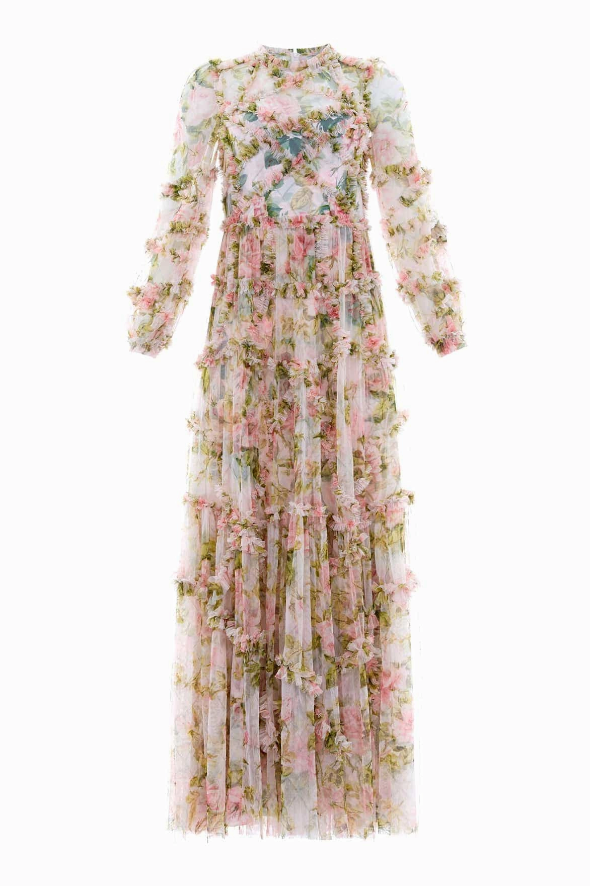 Silk-Blend Polite Vibe English Rose Diamond Ruffle Gown